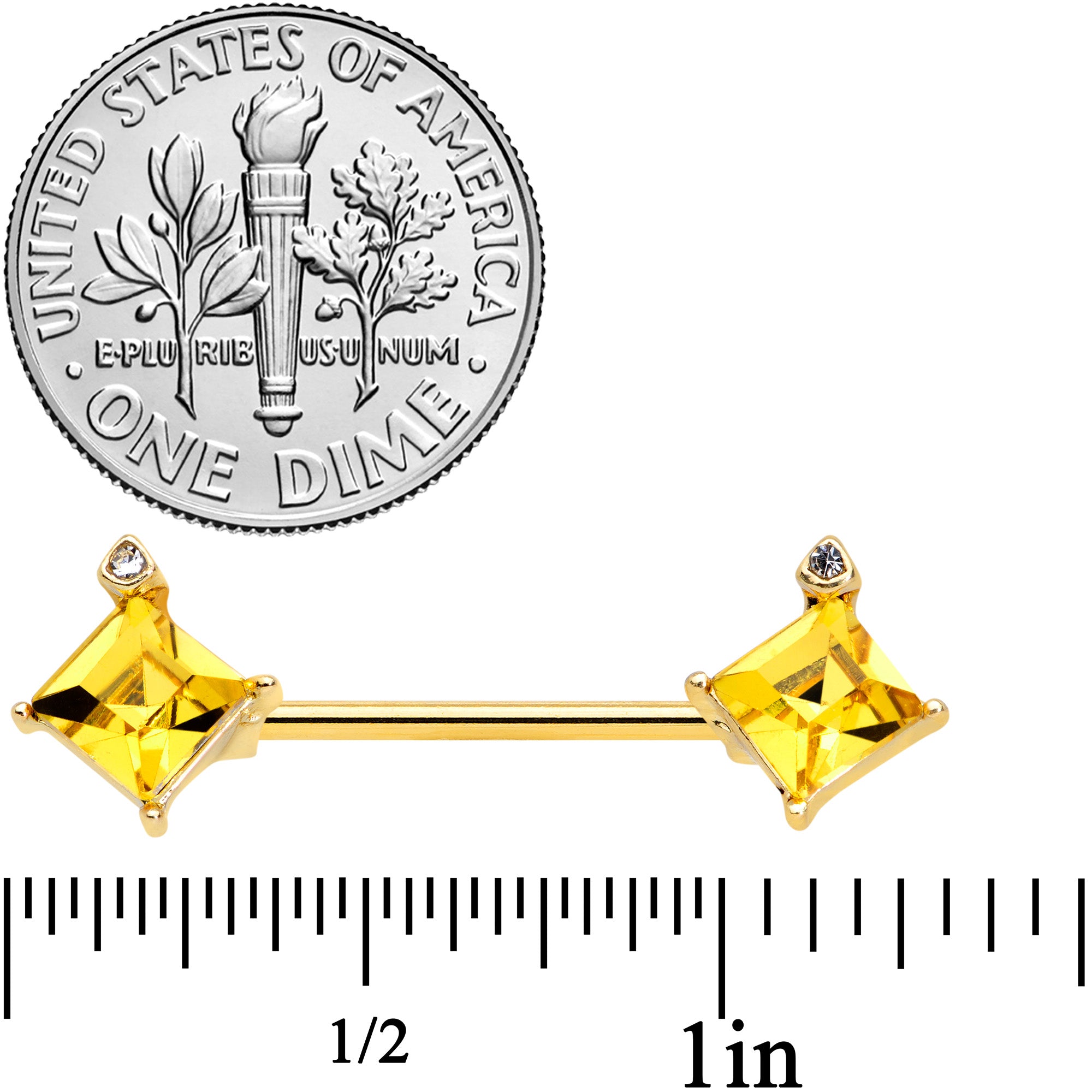 14 Gauge 5/8 Clear Yellow Gem Gold Tone Rhombus Barbell Nipple Ring Set