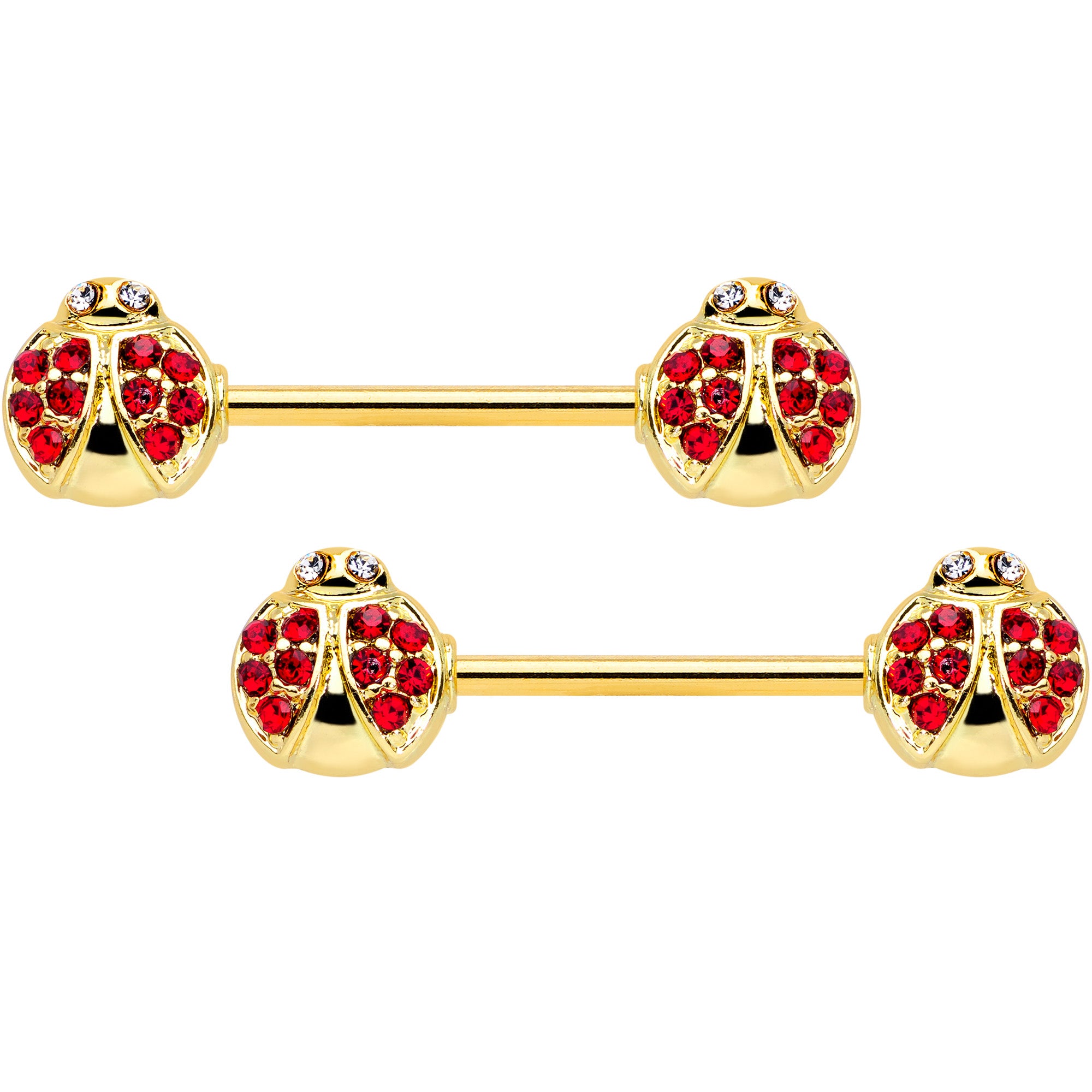 14 Gauge 9/16 Clear Red Gem Gold Tone Ladybug Barbell Nipple Ring Set