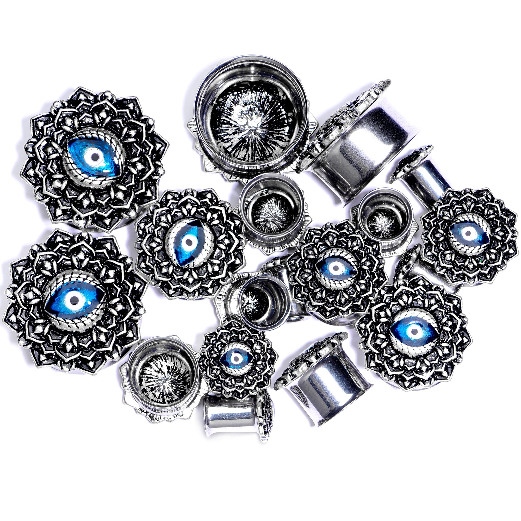 Blue White Evil Eye Mandala Double Flare Plug Set