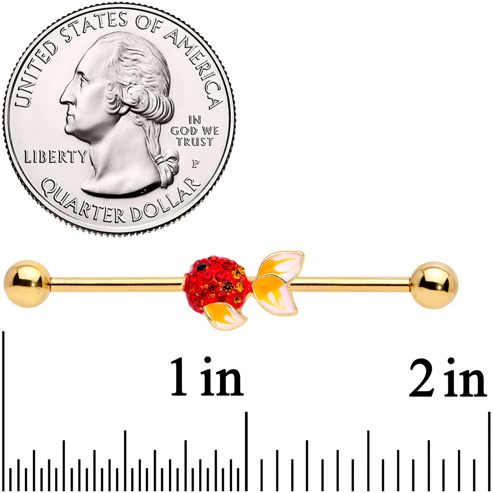 14 Gauge Red Gem Gold Tone Blowfish Industrial Barbell 38mm