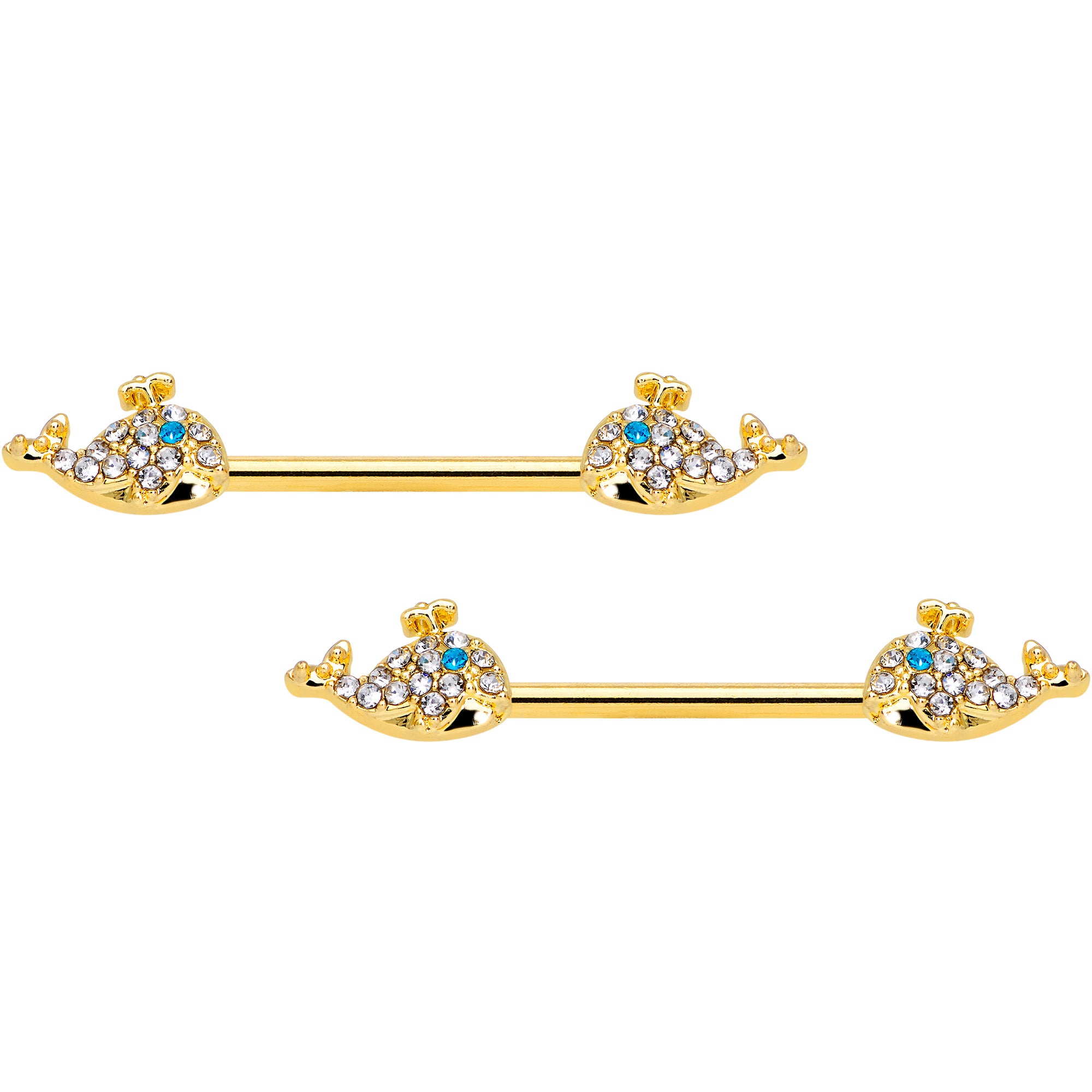 14 Gauge 5/8 Blue CZ Gem Gold Tone Whale Barbell Nipple Ring Set