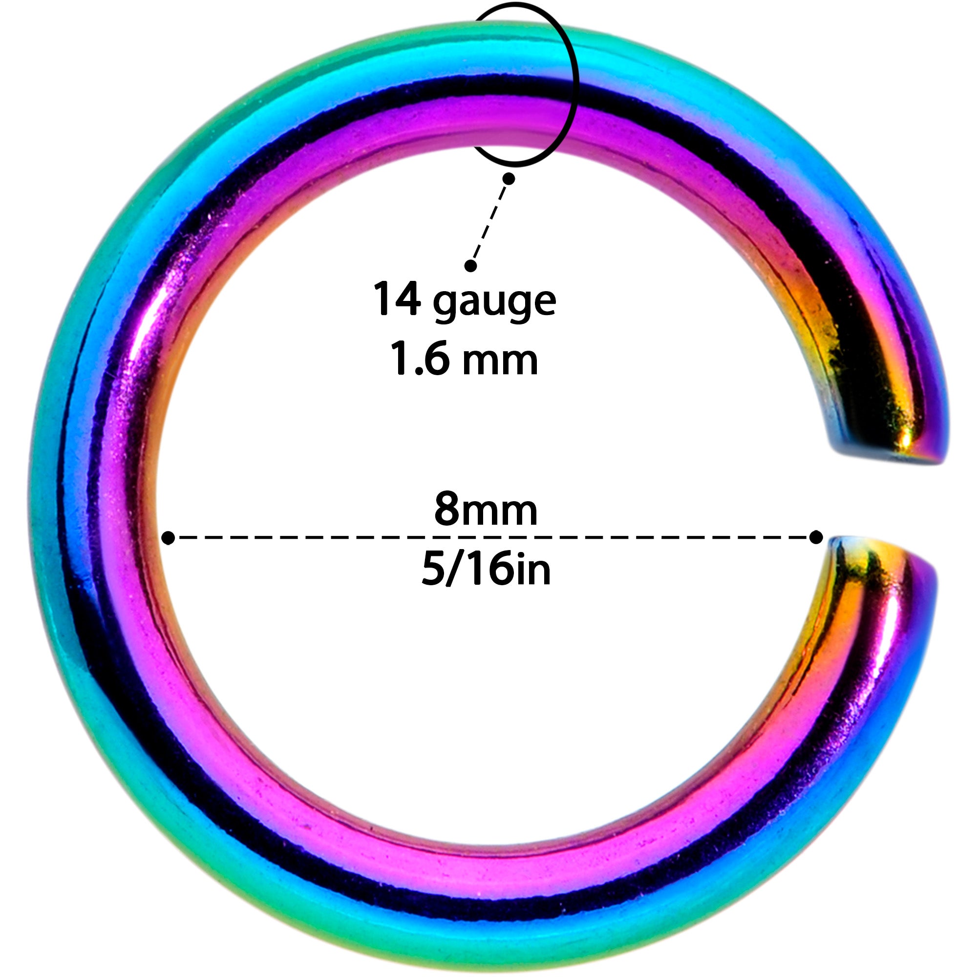 14 Gauge 5/16 Rainbow Anodized Seamless Cartilage Ring Set of 12