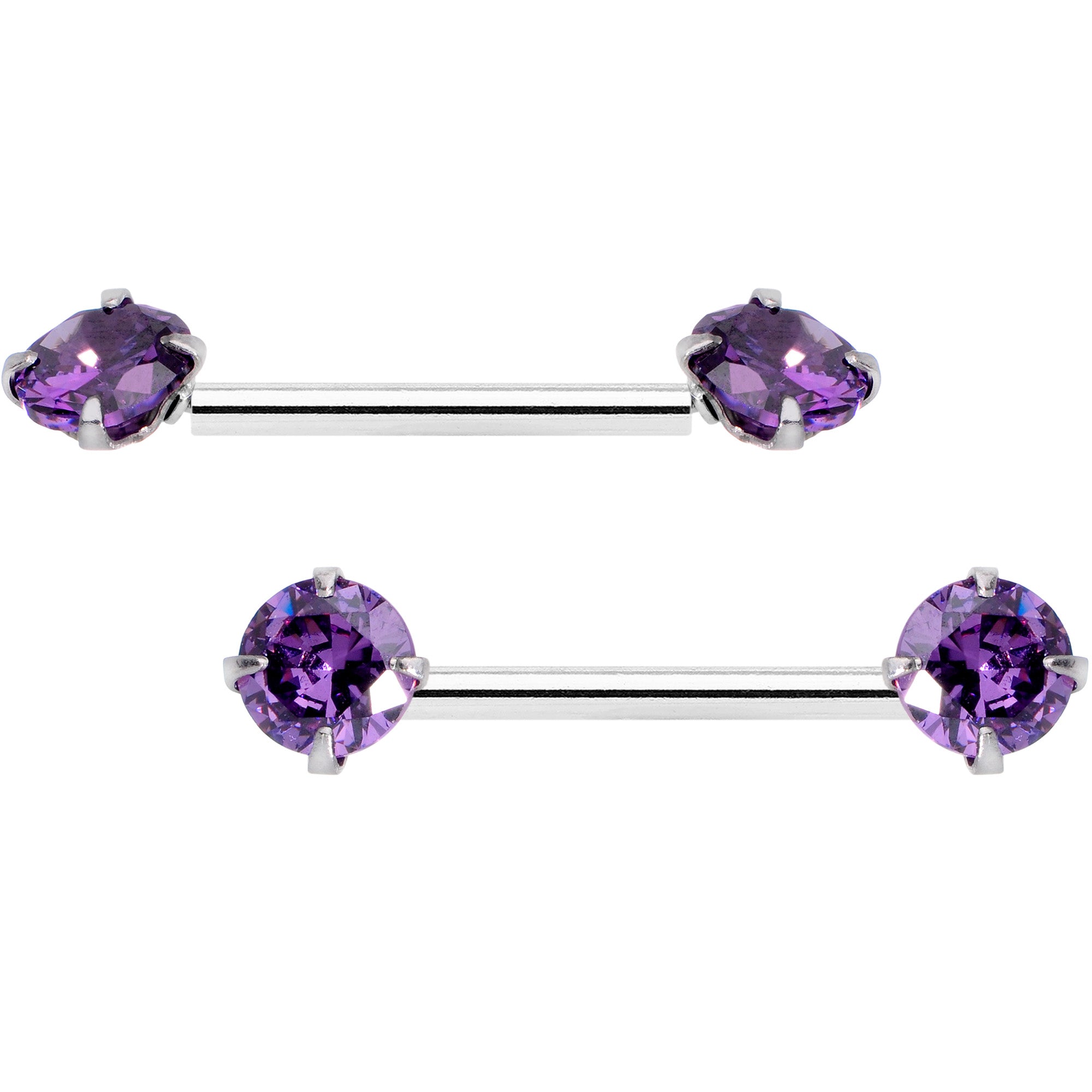 14 Gauge 9/16 Purple CZ Gem Threadless Barbell Nipple Ring Set