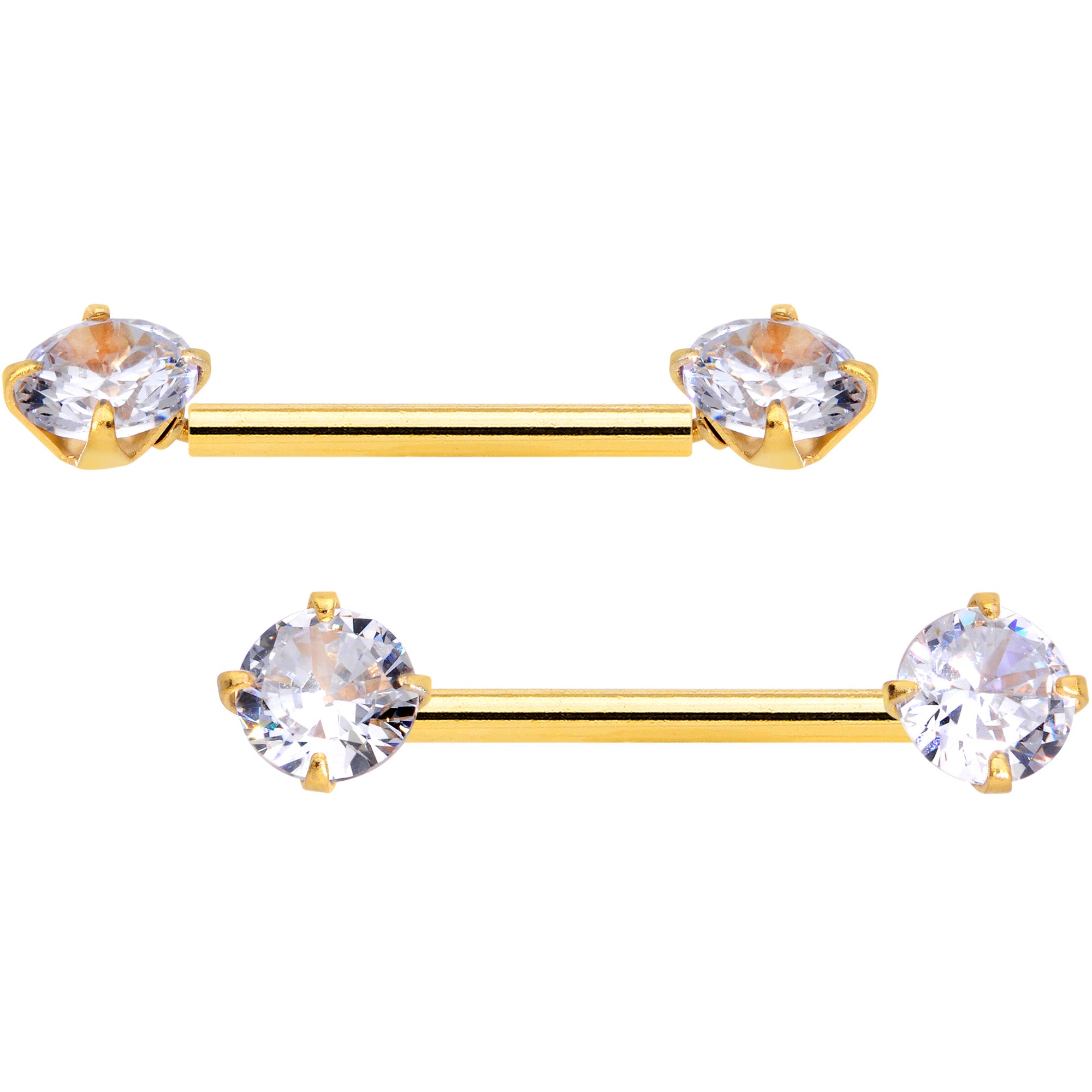 14 Gauge 9/16 Clear CZ Gold Tone Threadless Barbell Nipple Ring Set