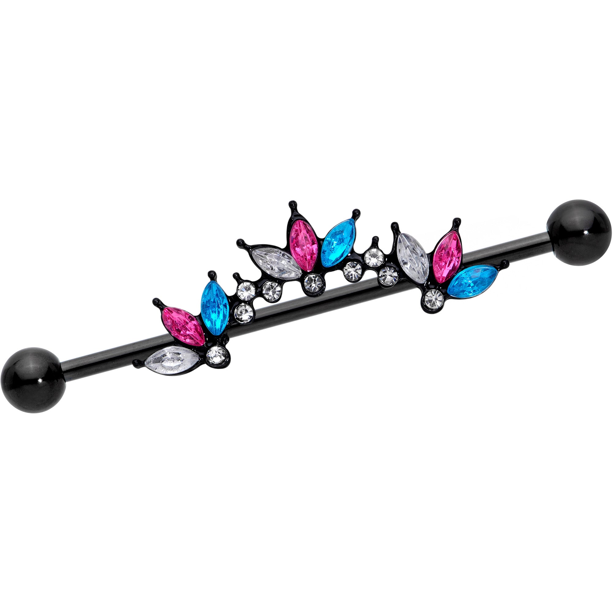 14 Gauge Clear Aqua Pink Accent Black Clusters Industrial Barbell 38mm