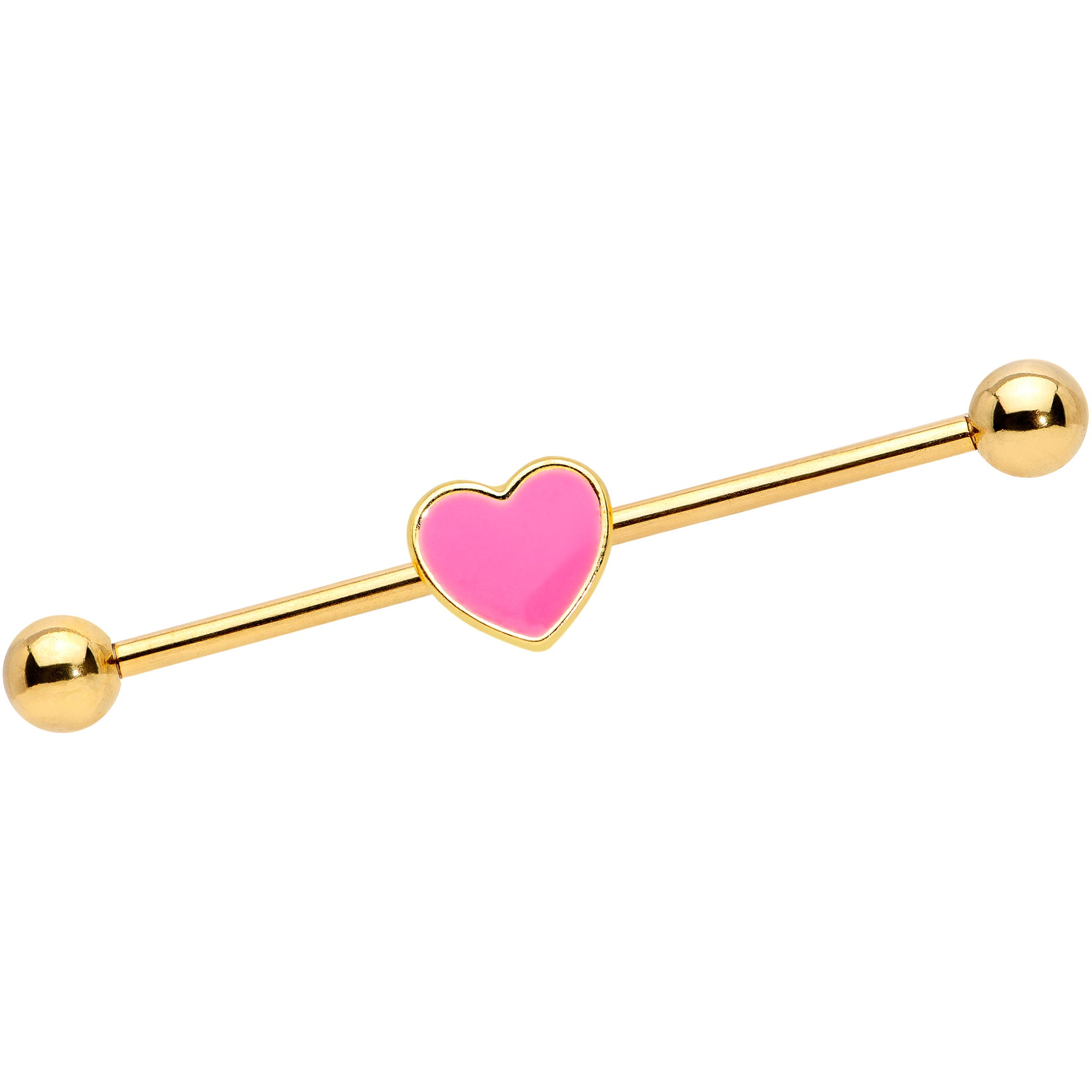 14 Gauge Gold Tone Pink Heart Industrial Barbell 38mm