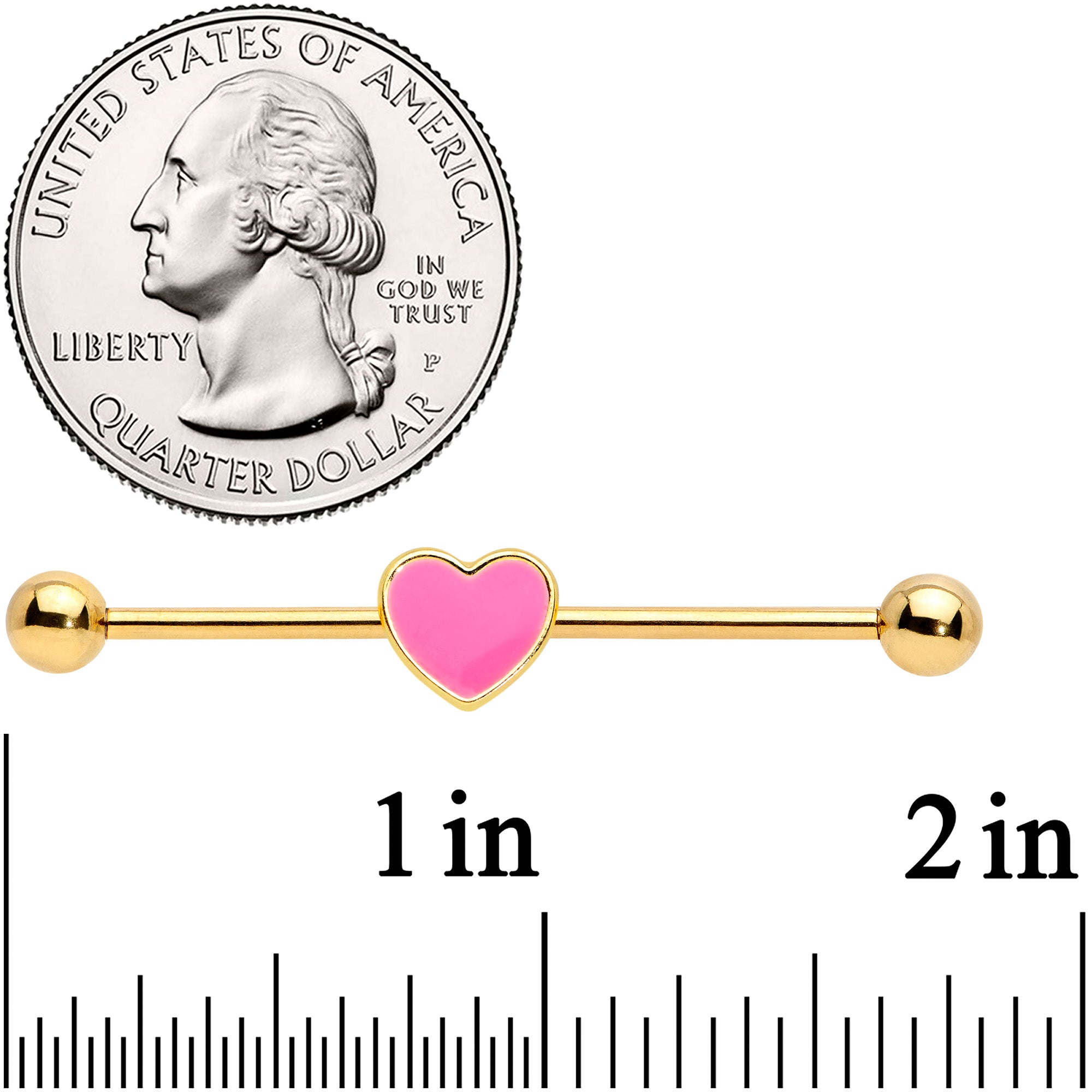 14 Gauge Gold Tone Pink Heart Industrial Barbell 38mm