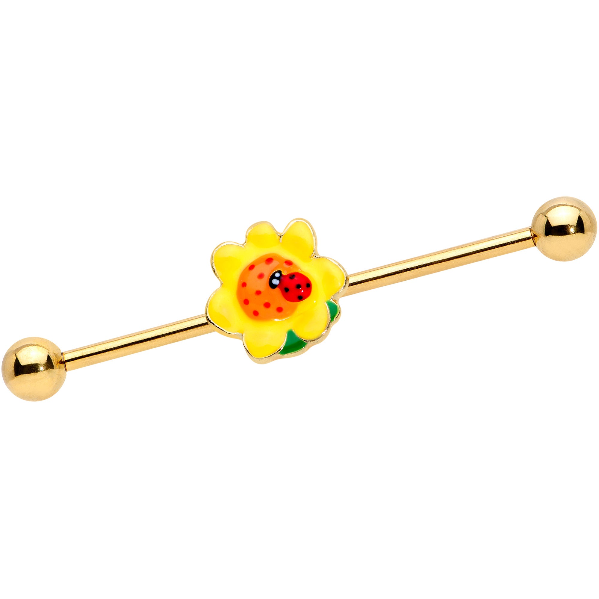 14 Gauge Gold Tone Sunny Flower Ladybug Industrial Barbell 38mm