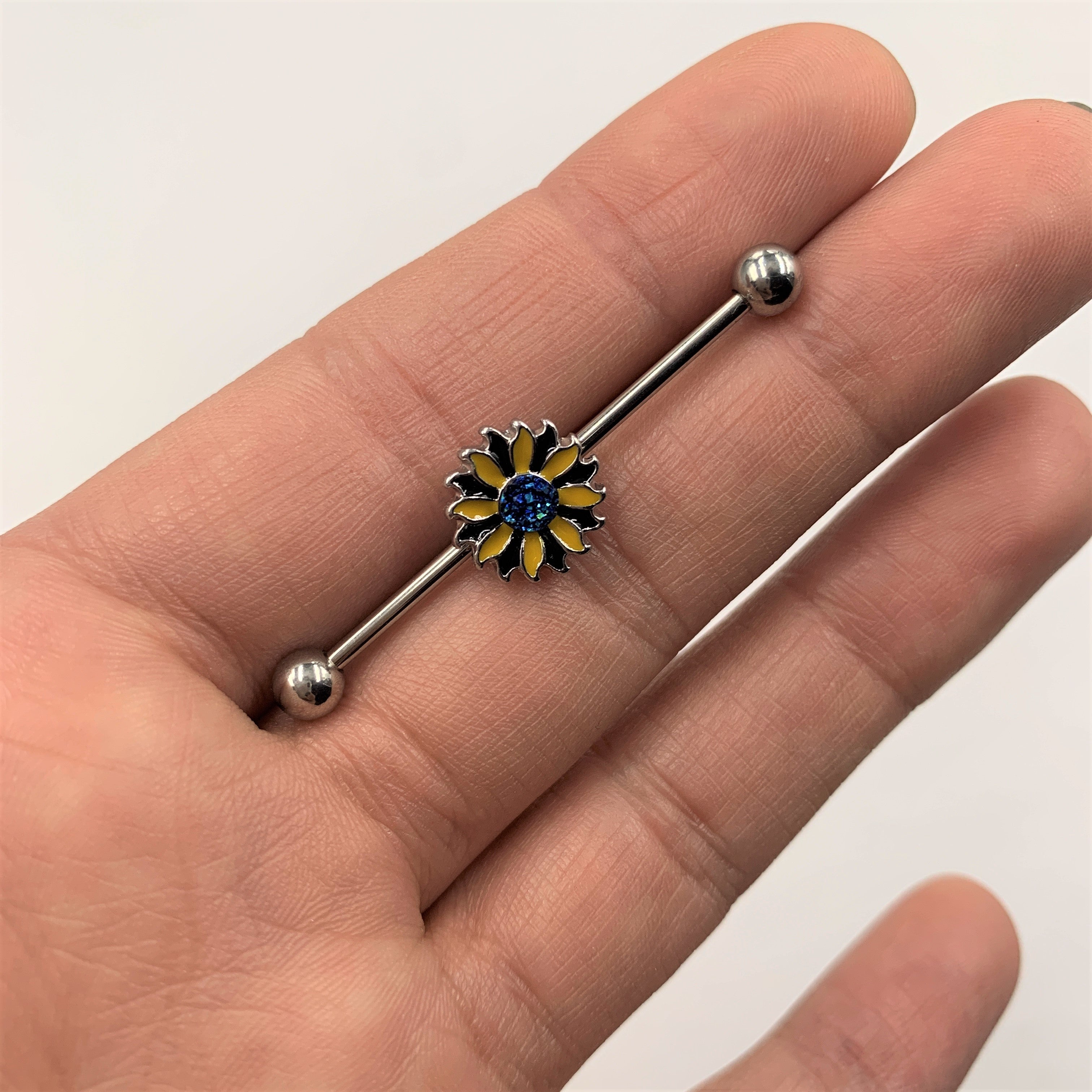 14 Gauge Blue Faux Druzy Yellow Sunflower Industrial Barbell 38mm