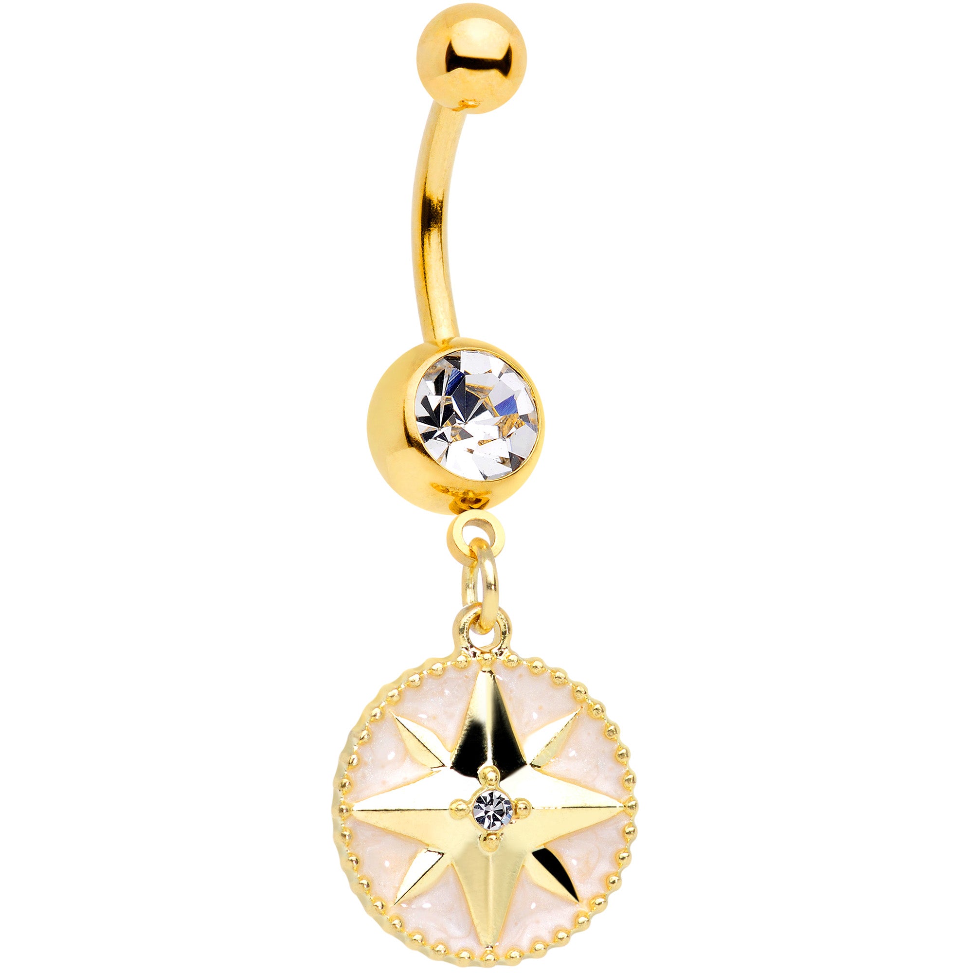 Clear Gem Gold Tone Sailors Compass Dangle Belly Ring