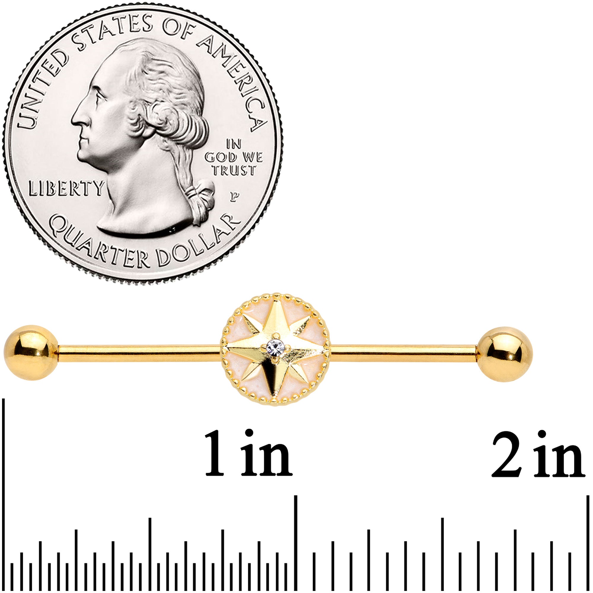 14 Gauge Clear Gem Gold Tone Sailors Compass Industrial Barbell 38mm