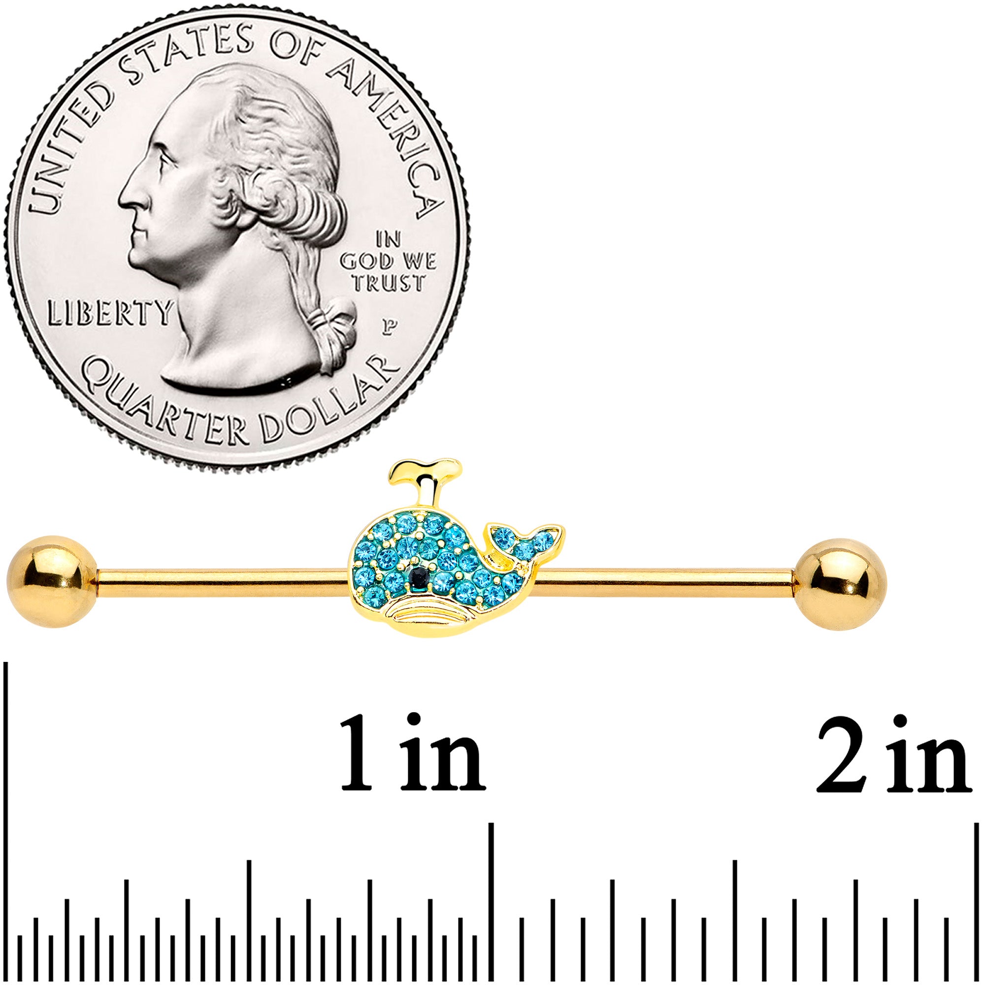 14 Gauge Aqua Gem Gold Tone What A Whale Industrial Barbell 38mm