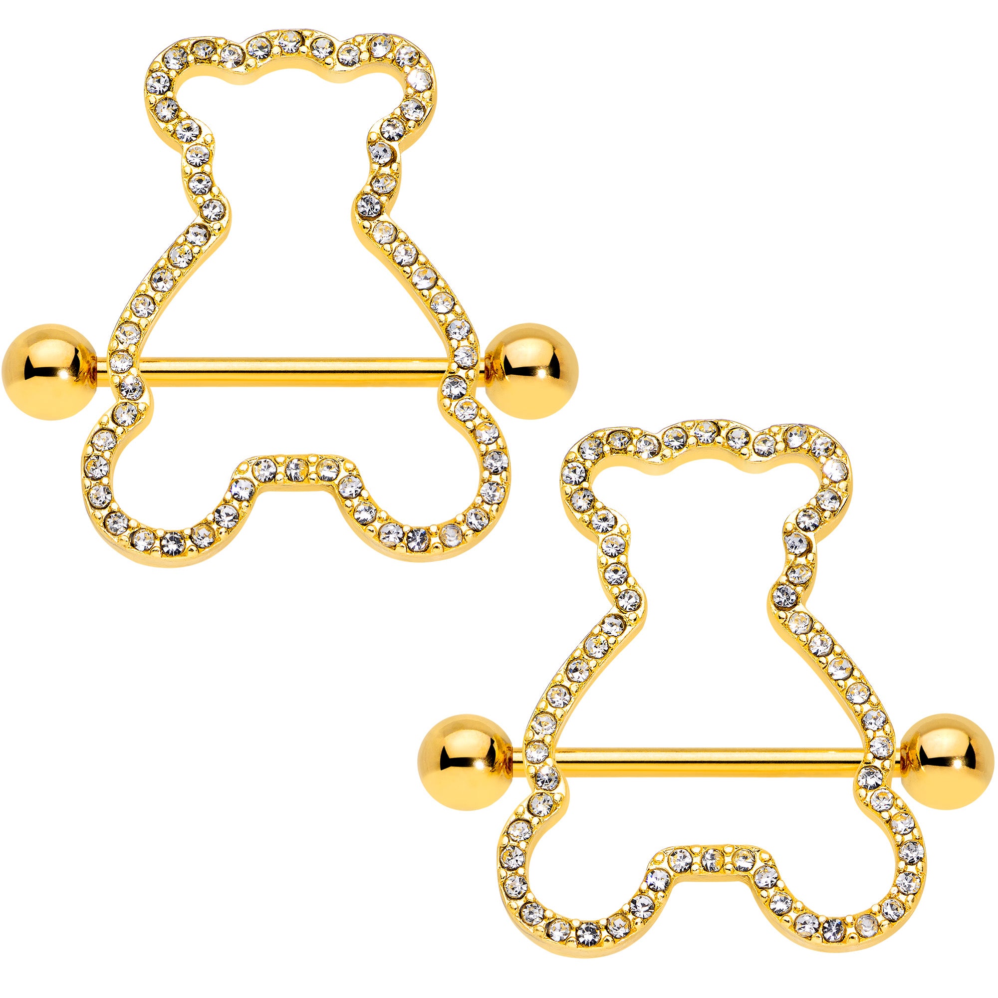 14 Gauge 5/8 Clear Gem Gold Tone Teddy Bear Nipple Shield Set