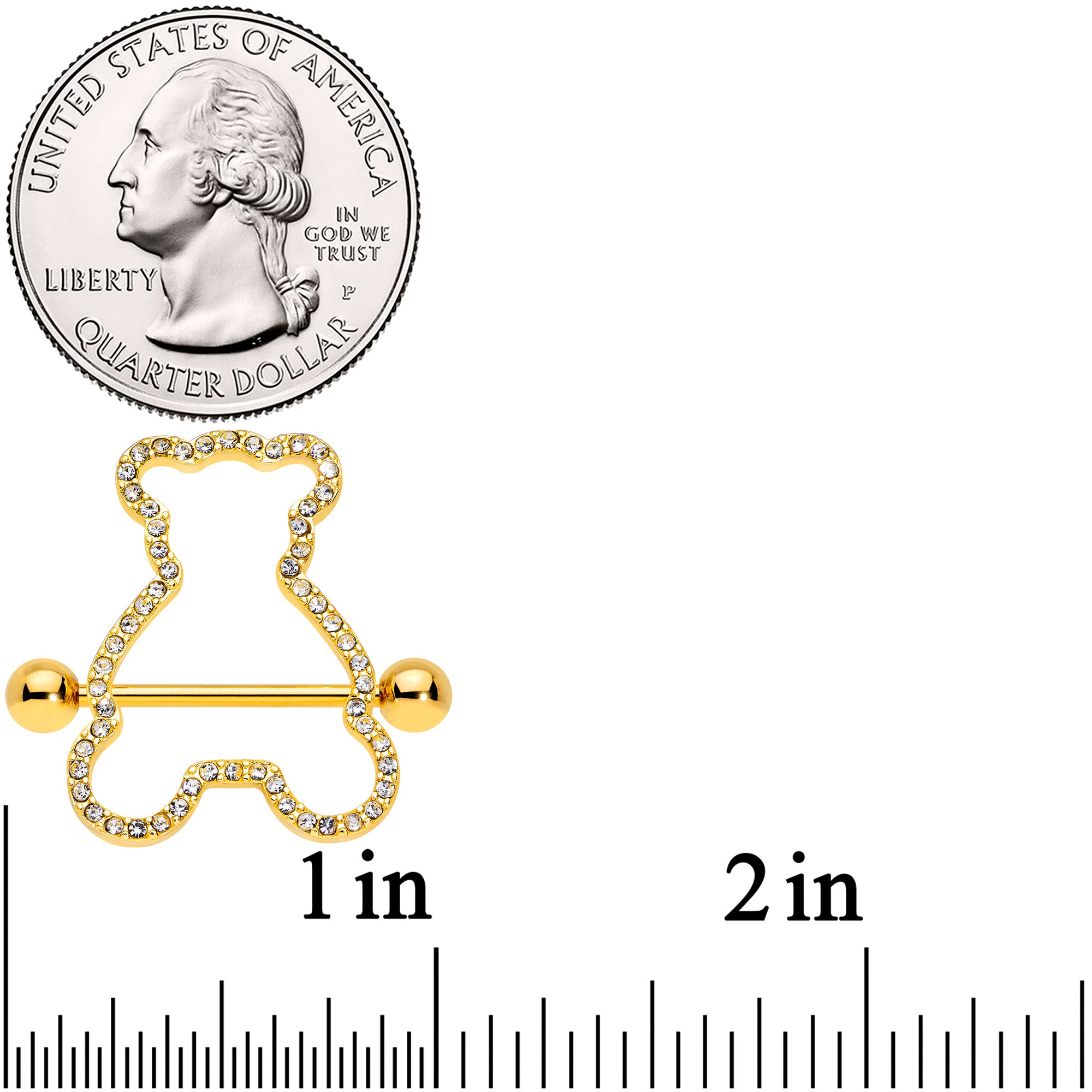 14 Gauge 5/8 Clear Gem Gold Tone Teddy Bear Nipple Shield Set