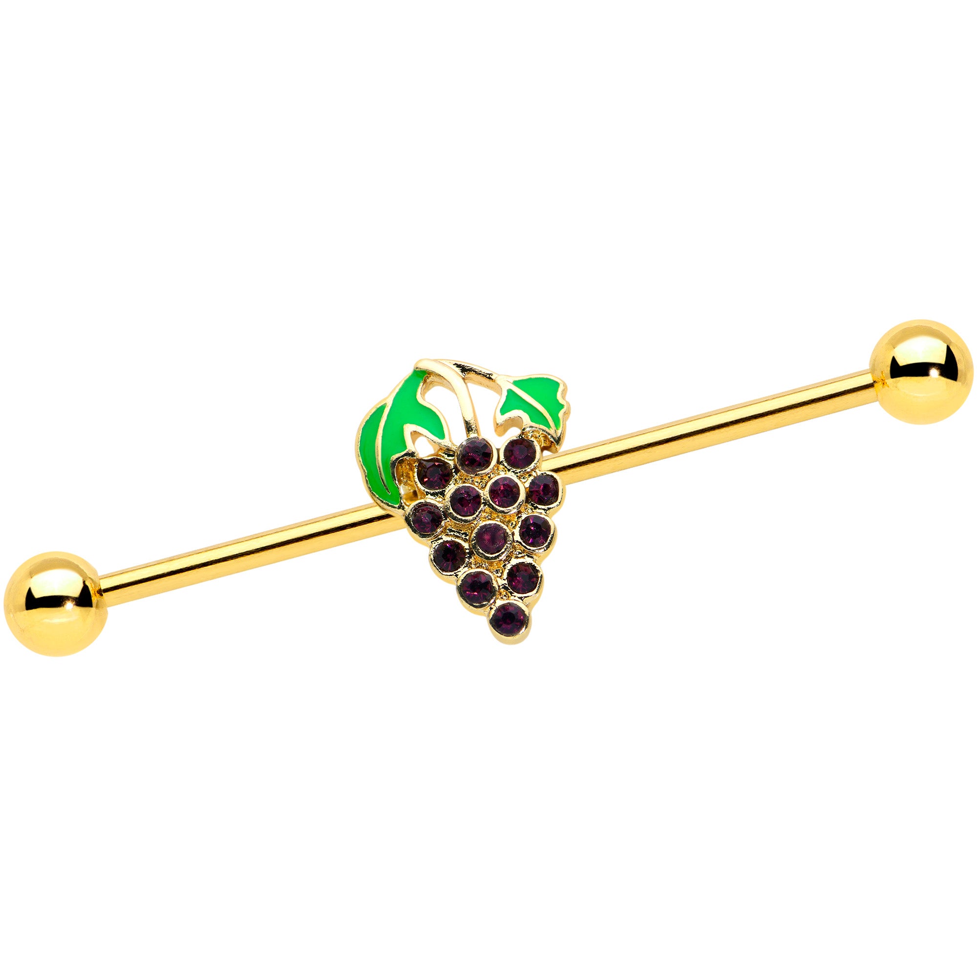 14 Gauge Gold Tone Delicious Grapes Fruit Industrial Barbell 38mm