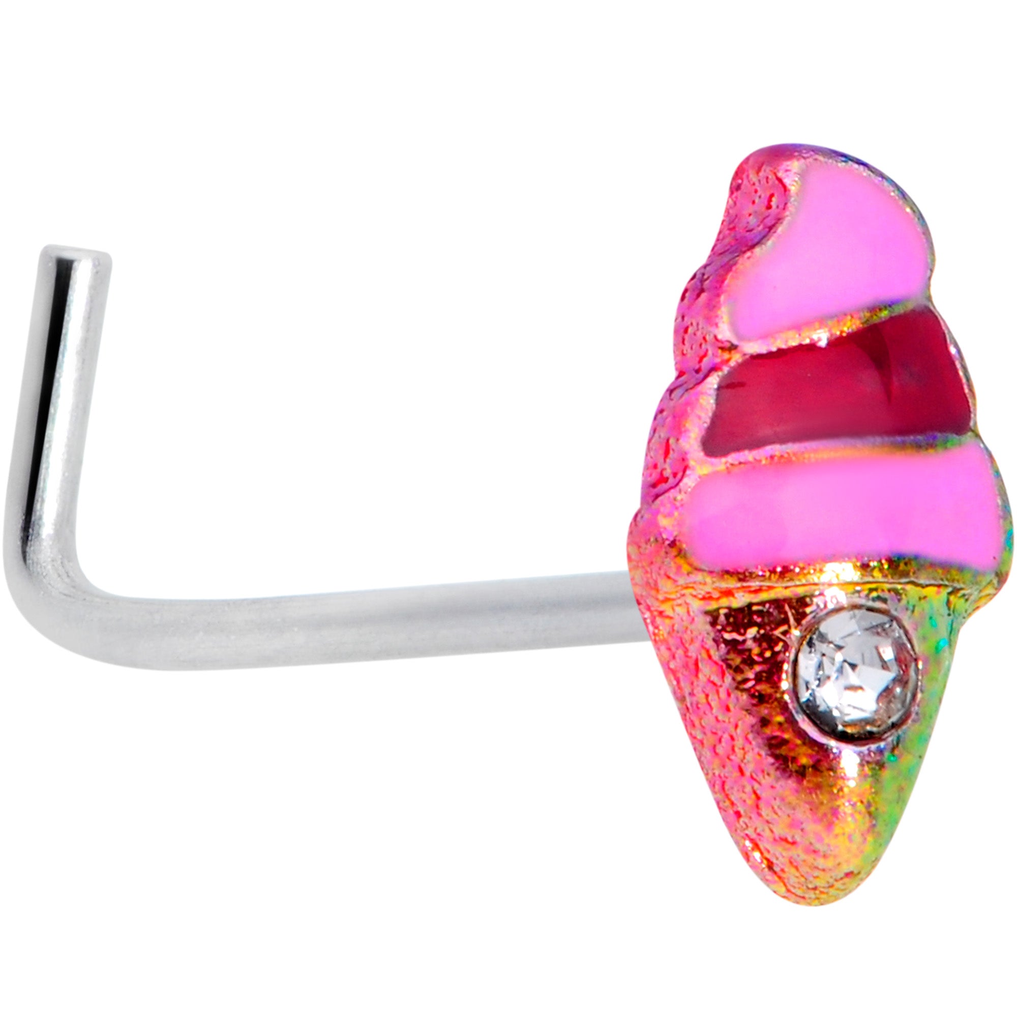 20 Gauge 1/4 Clear Gem Rainbow Ice Cream Cone L Shaped Nose Ring