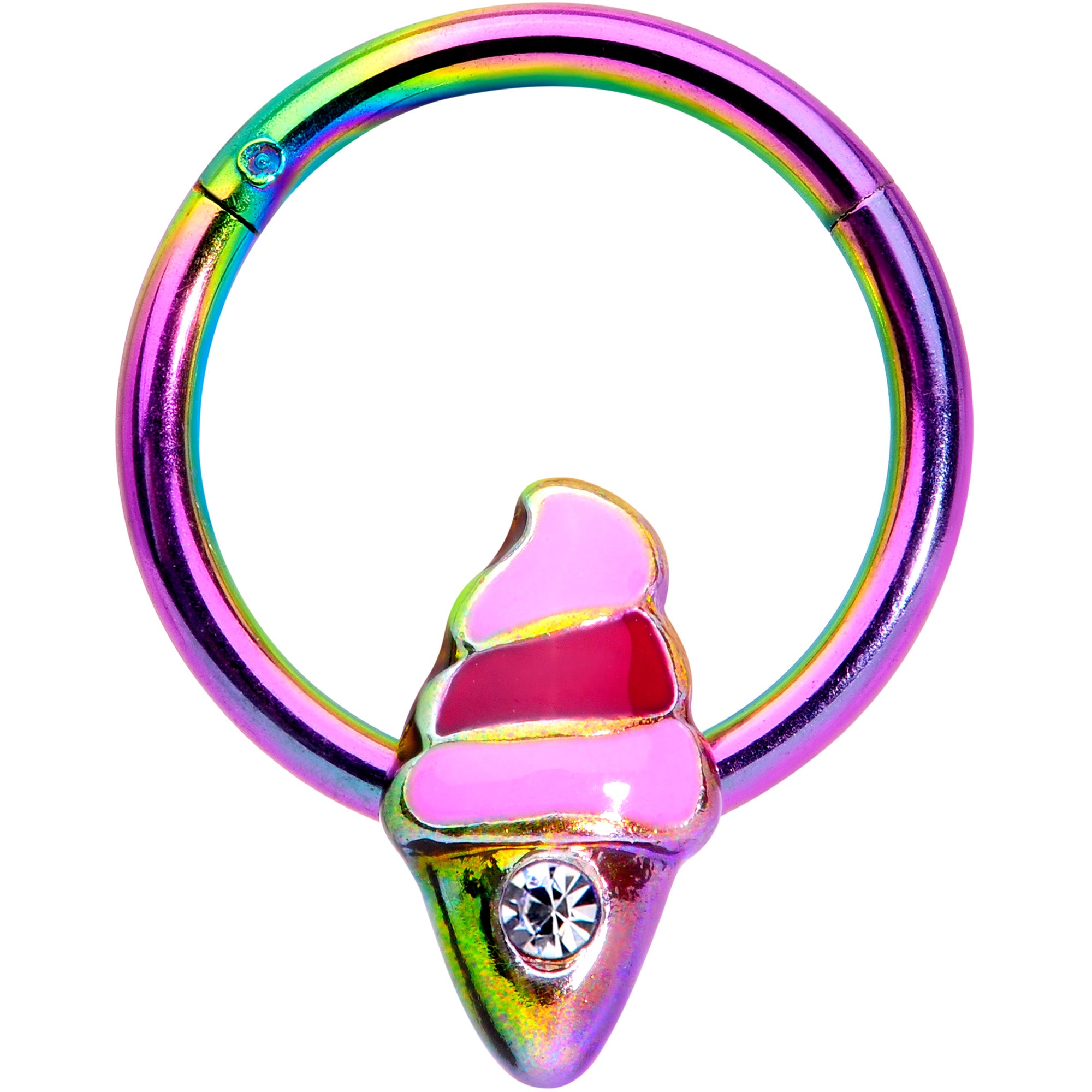 16 Gauge 3/8 Clear Gem Rainbow Ice Cream Cone Hinged Segment Ring