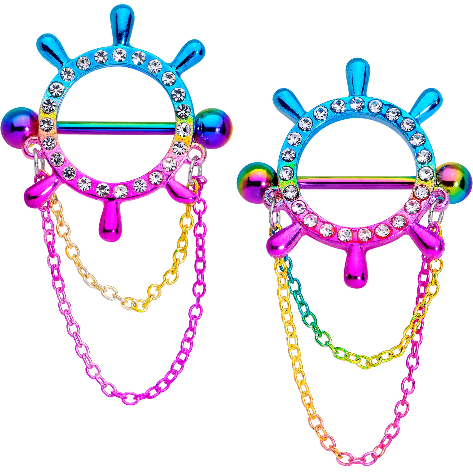 14 Gauge 9/16 Clear Gem Rainbow Ships Wheel Chain Dangle Nipple Shield Set