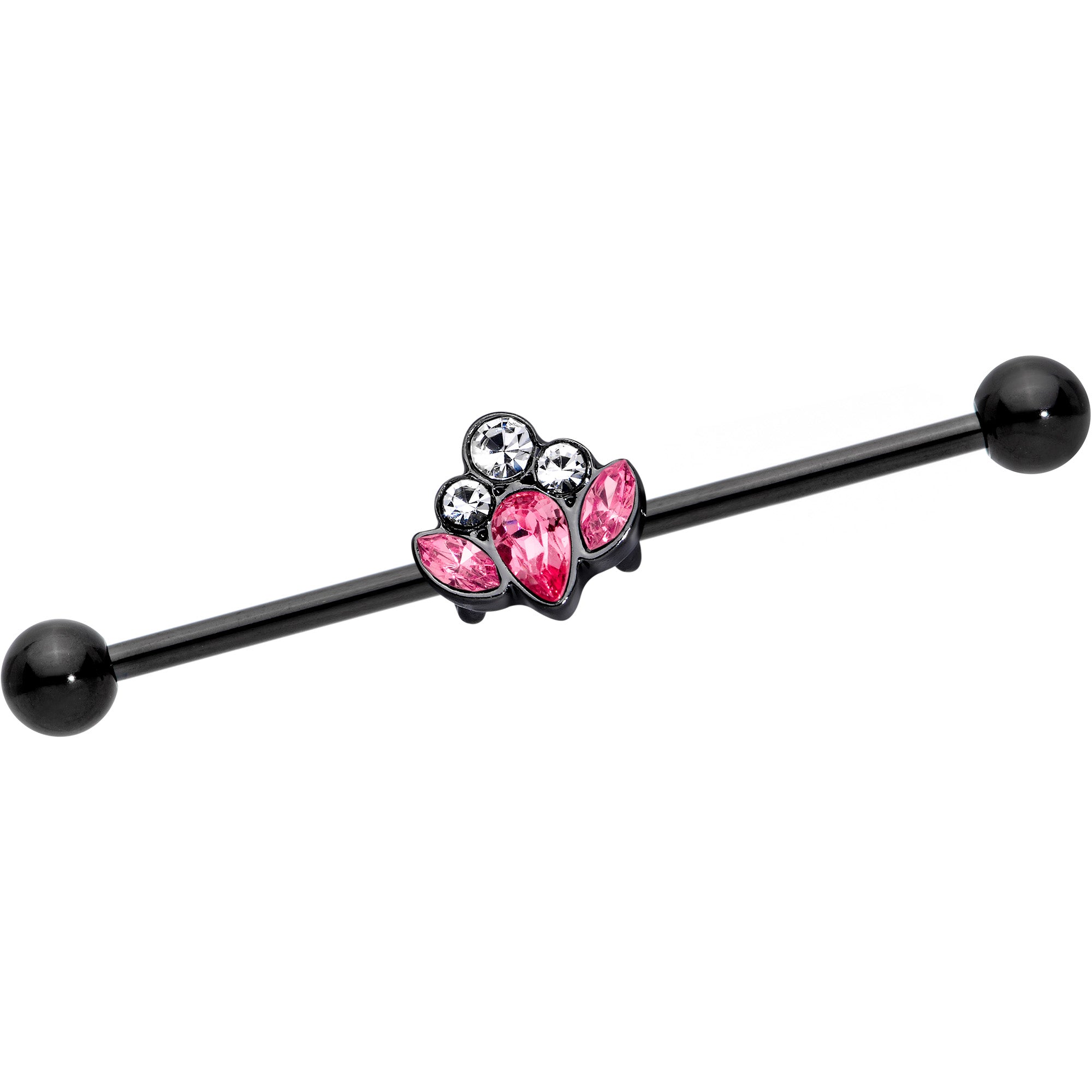 14 Gauge Clear Pink Gem Black Anodized Classic Cluster Industrial Barbell 38mm