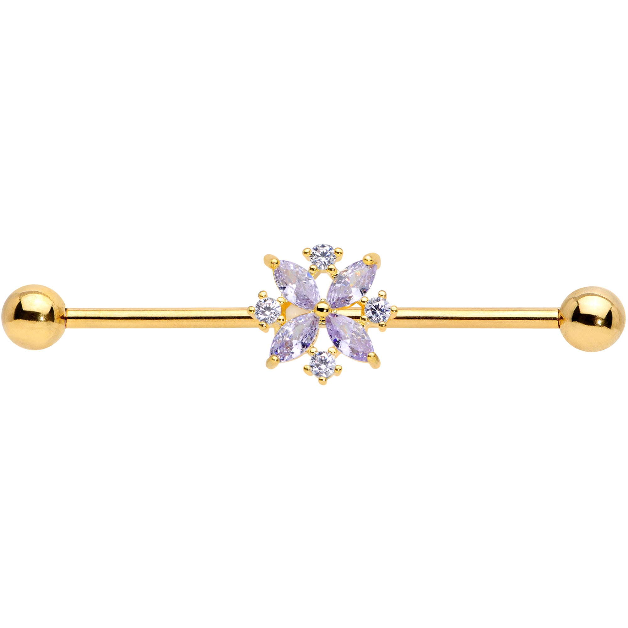 14 Gauge Purple CZ Gem Gold Tone Star Burst Industrial Barbell 38mm