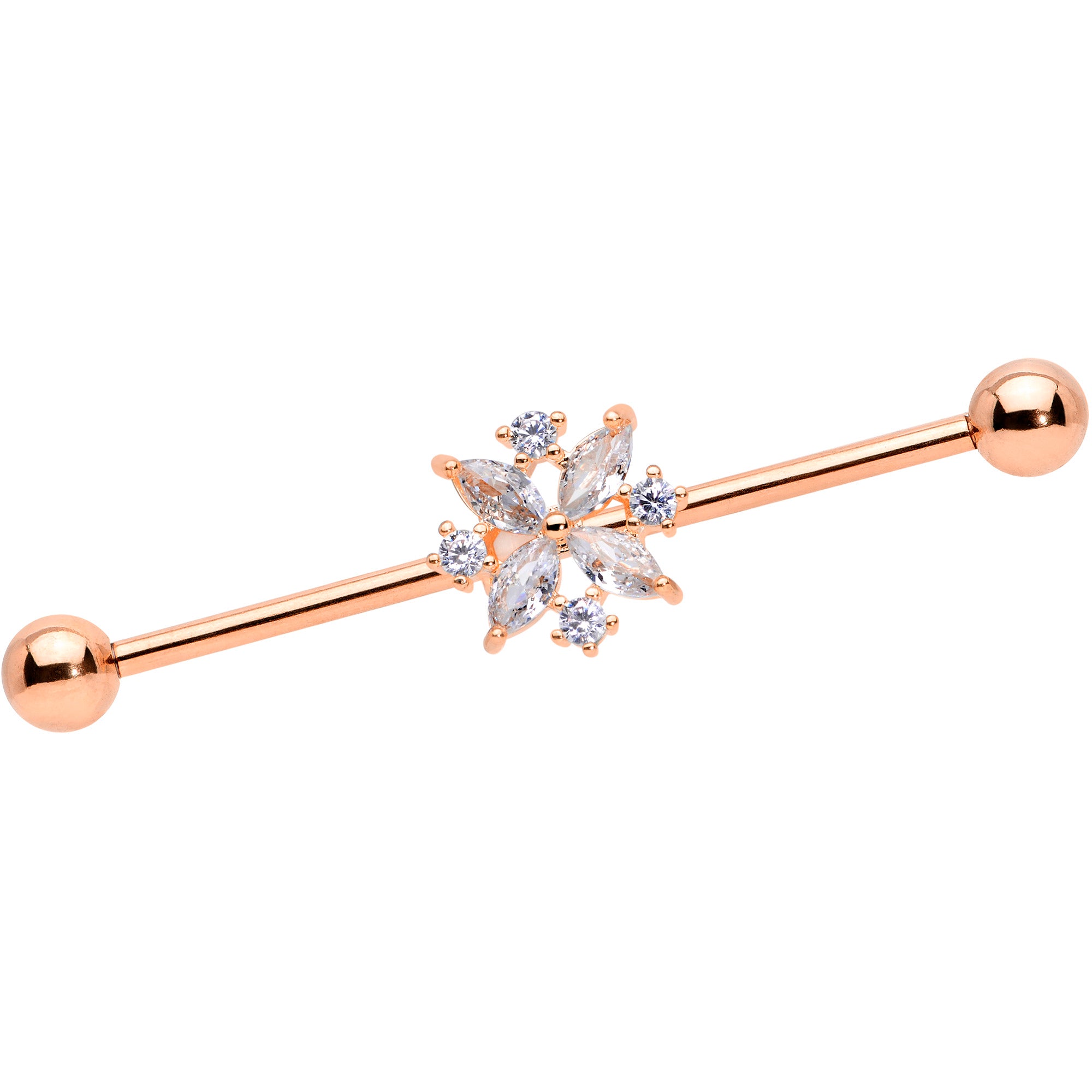 14 Gauge Clear CZ Gem Rose Gold Tone Star Burst Industrial Barbell 38mm