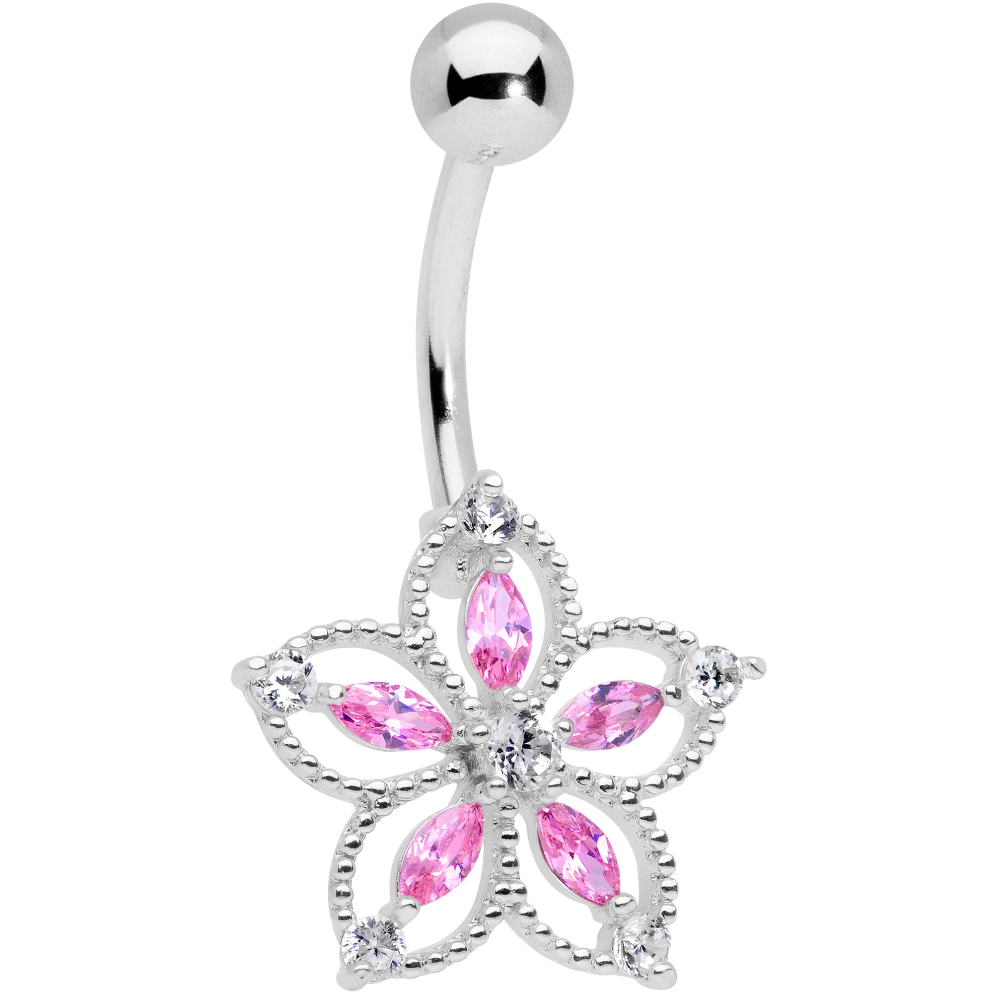 Pink Clear CZ Gem Airy Flower Belly Ring