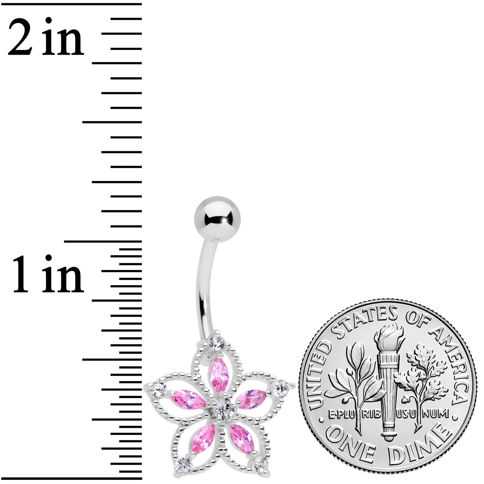 Pink Clear CZ Gem Airy Flower Belly Ring