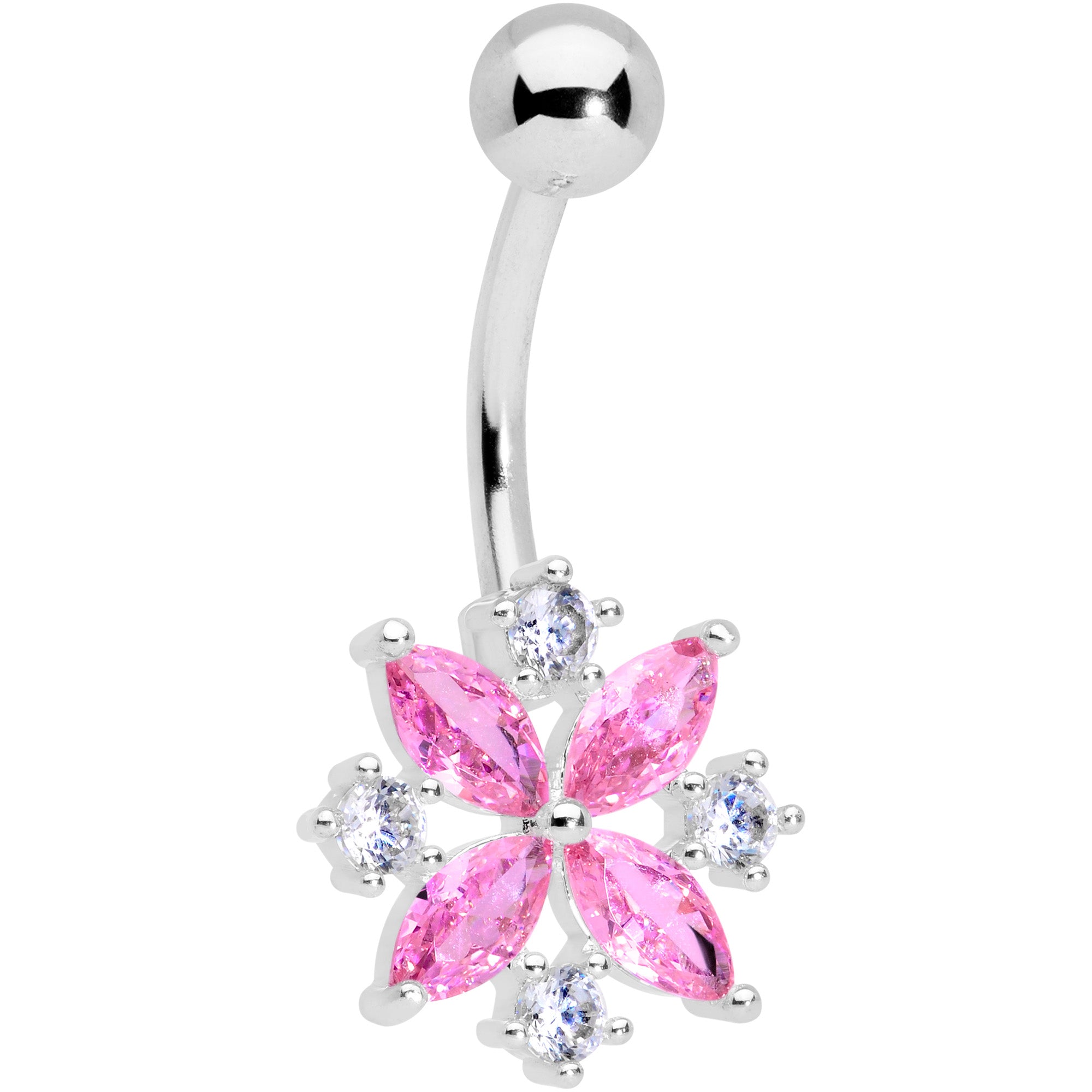 Pink Clear CZ Gem Star Burst Belly Ring