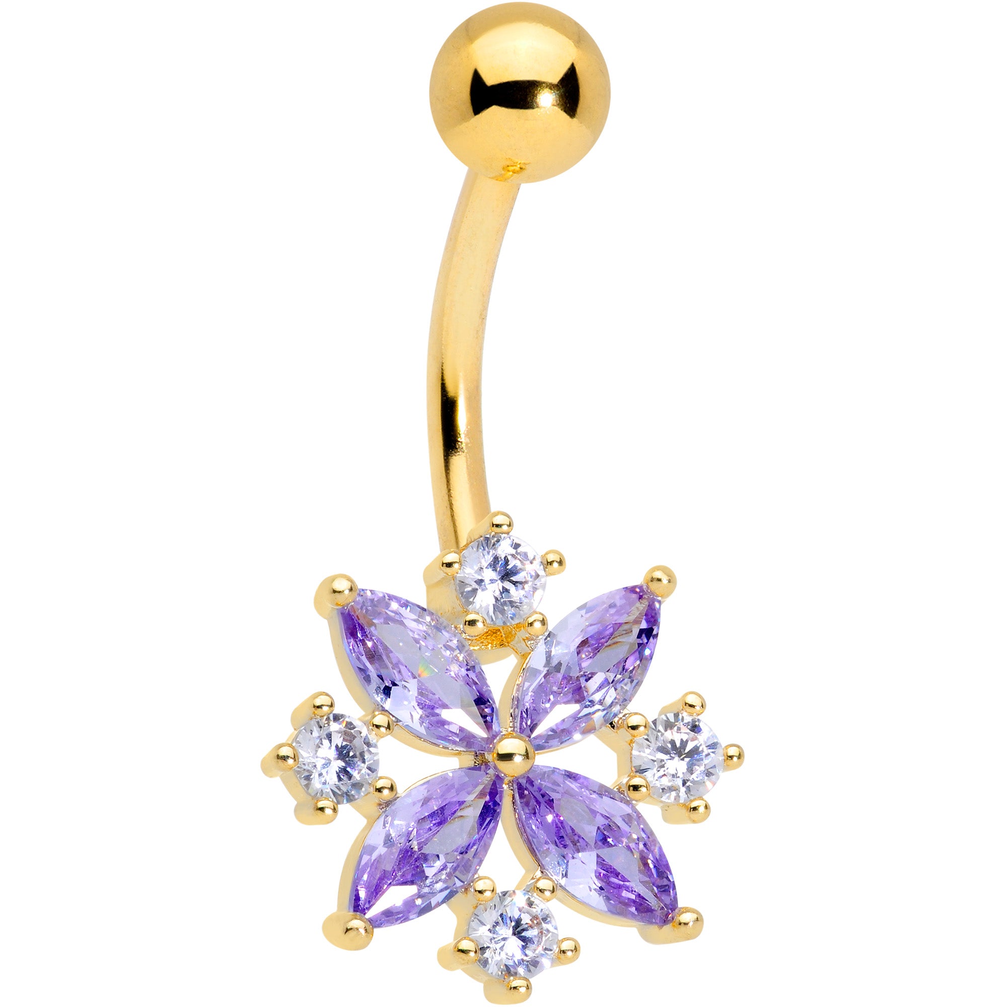 Purple Clear CZ Gem Gold Tone Star Burst Belly Ring