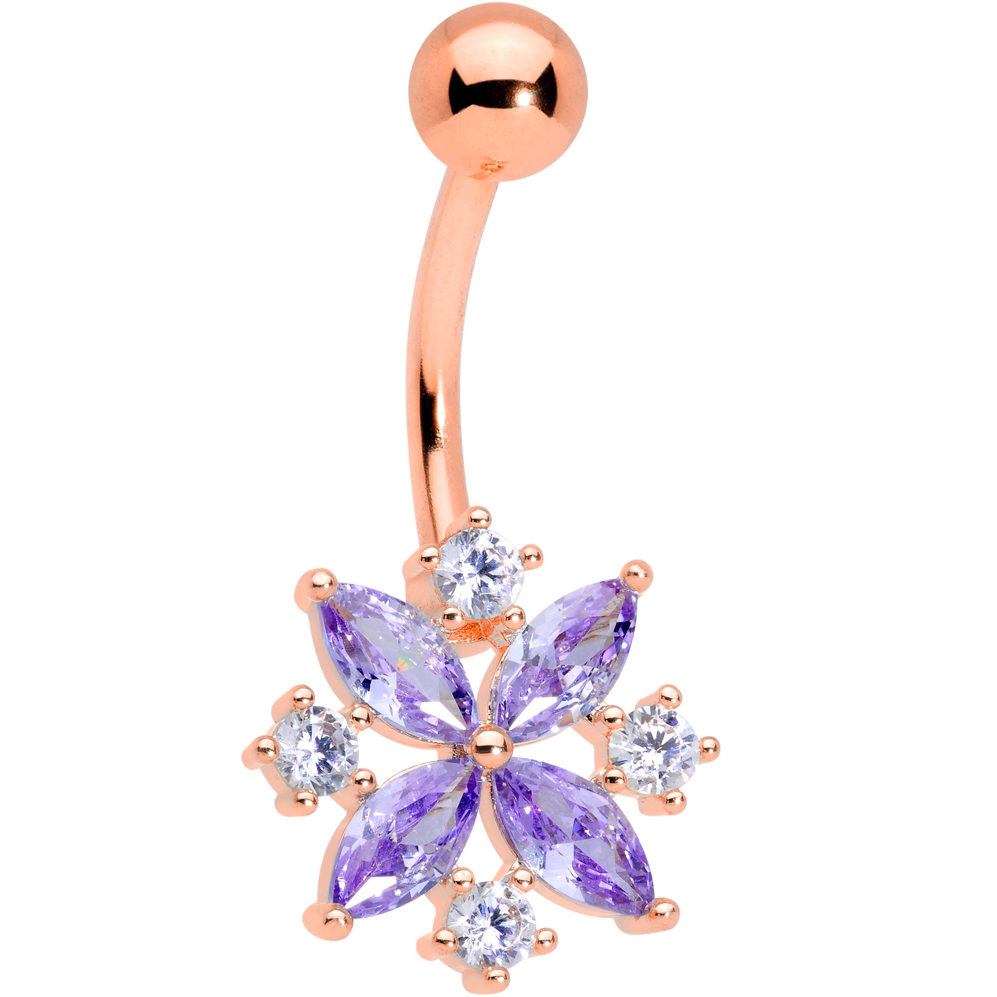 Purple Clear CZ Gem Rose Gold Tone Star Burst Belly Ring