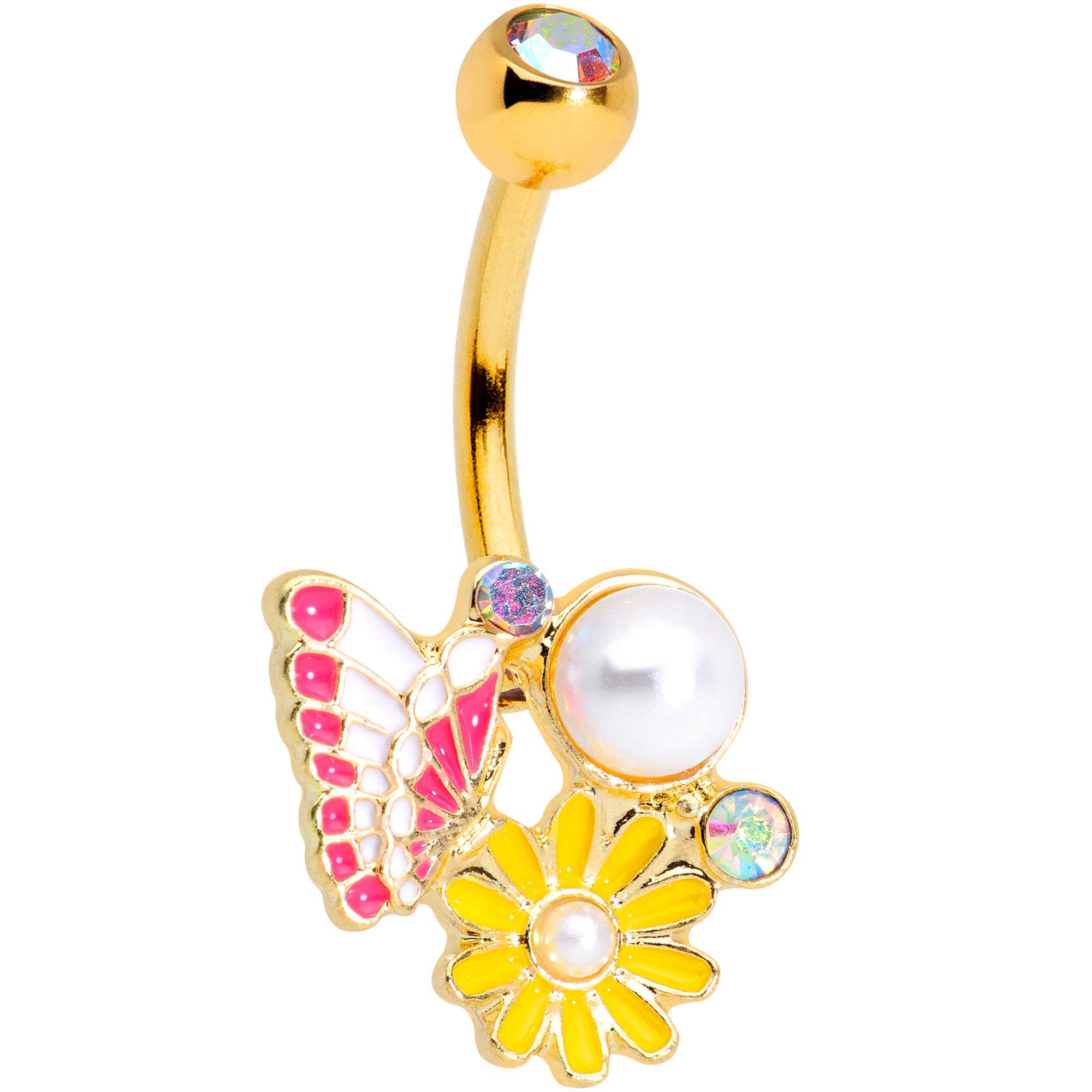 Aurora Gem Gold Tone Butterfly Flower Belly Ring