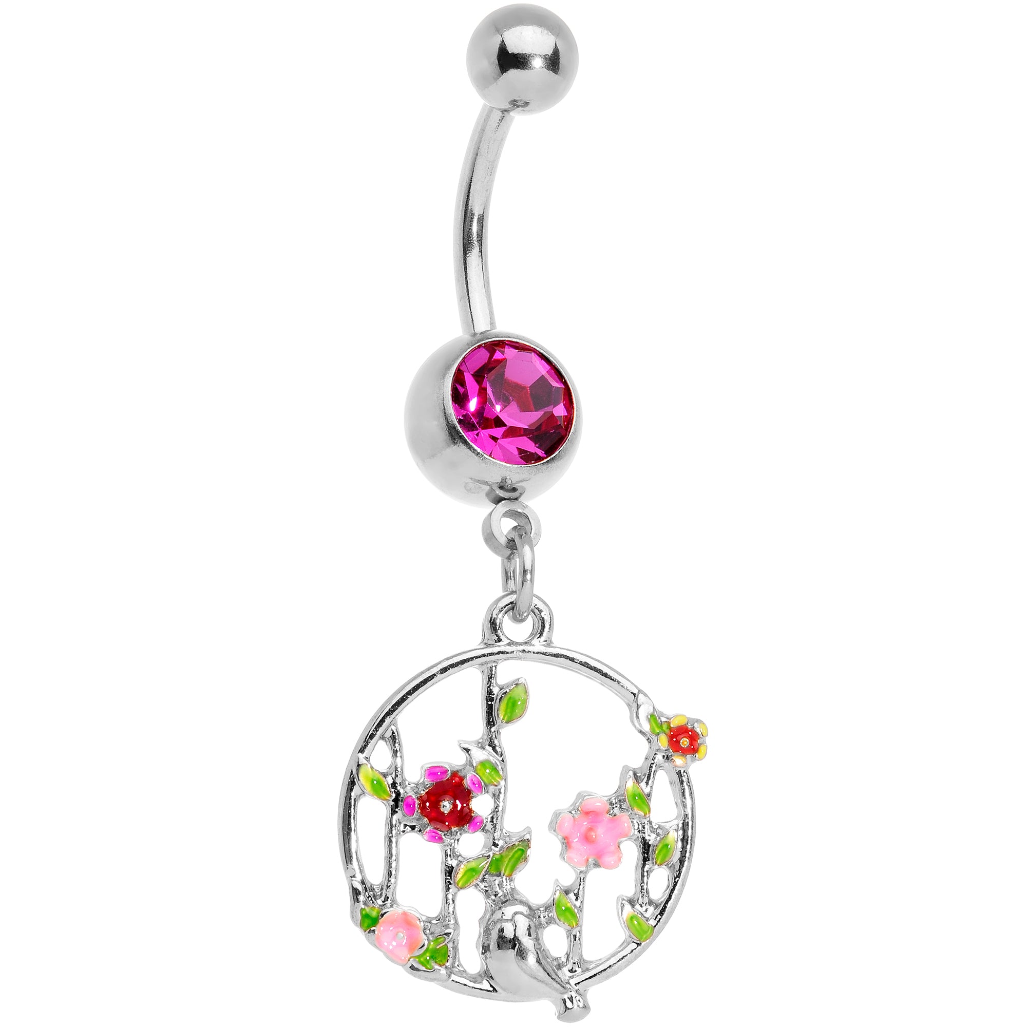 Pink Gem Floral Circle Dangle Belly Ring