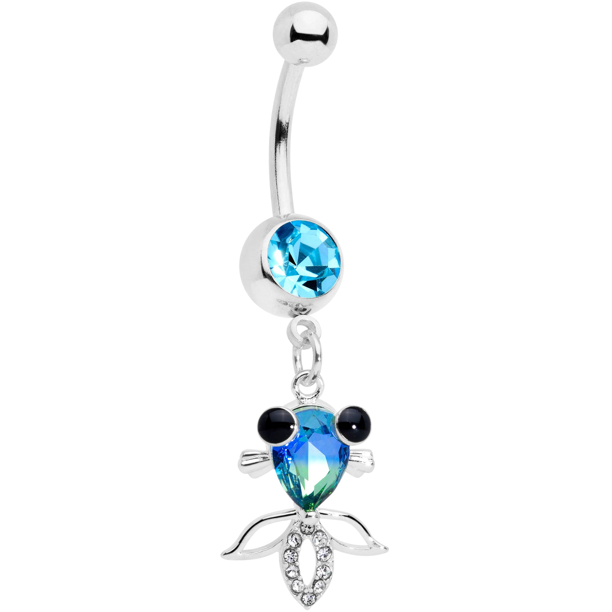 Clear Aqua Gem Happy Fish Dangle Belly Ring