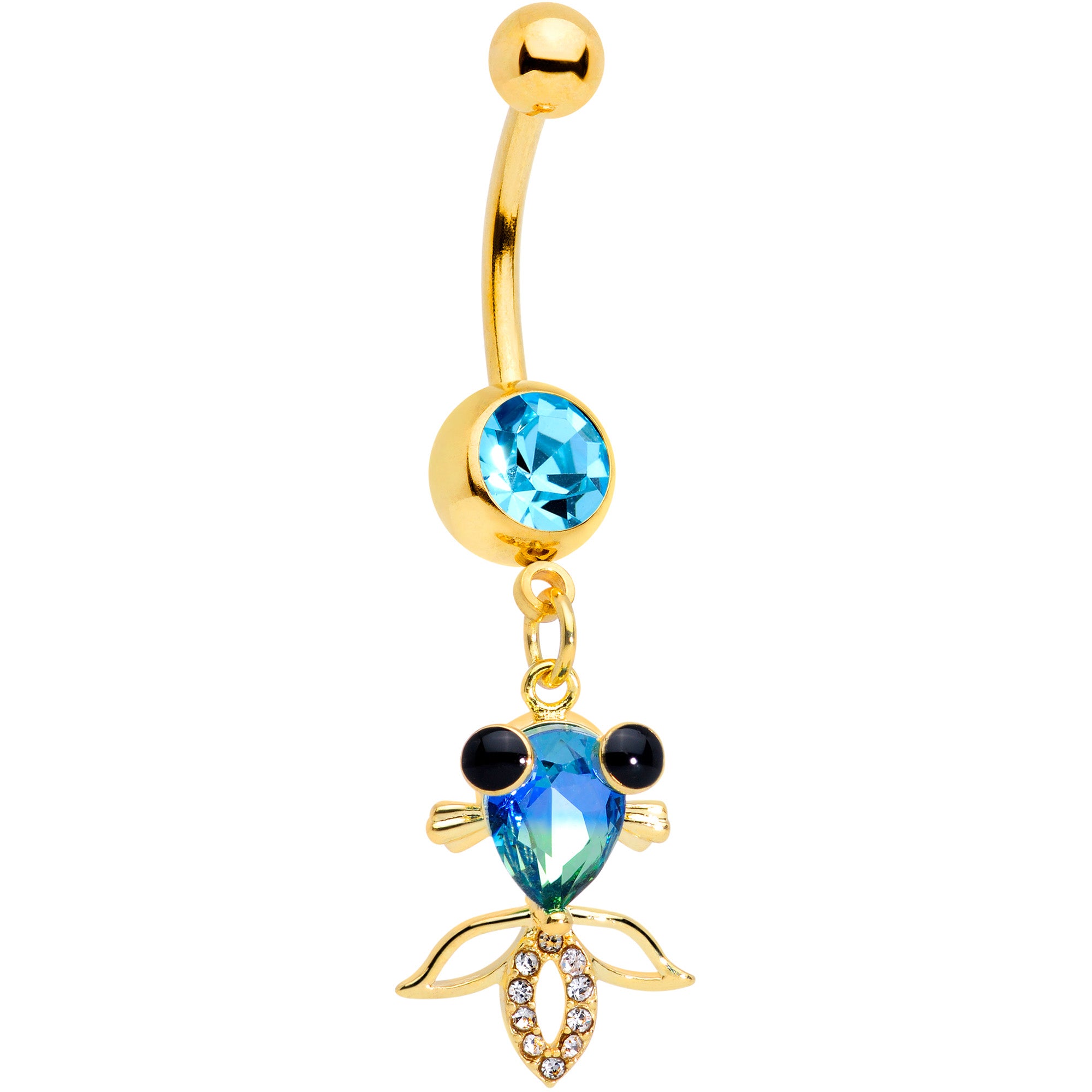 Clear Aqua Gem Gold Tone Happy Fish Dangle Belly Ring