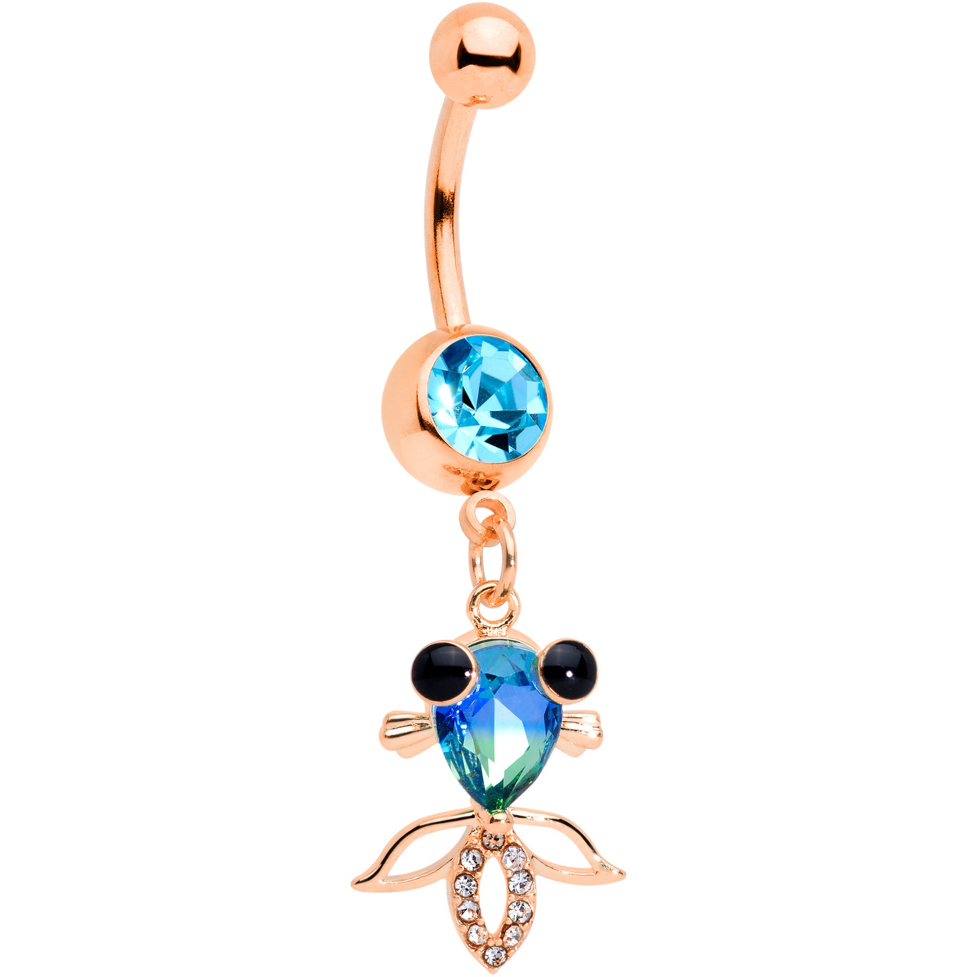 Clear Aqua Gem Rose Gold Tone Happy Fish Dangle Belly Ring