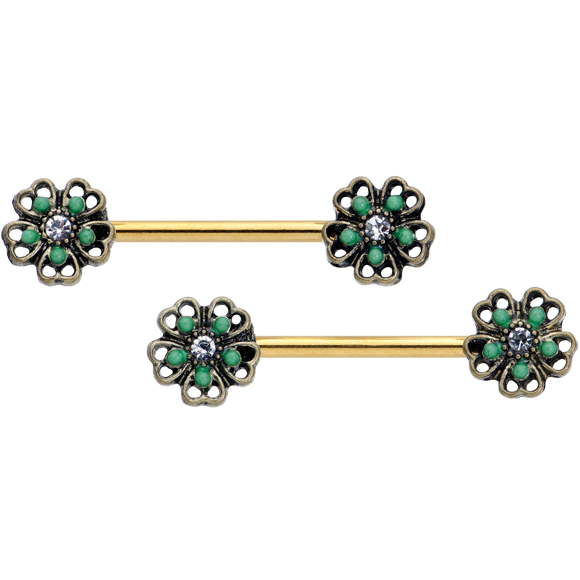 14 Gauge 9/16 Gold Tone Green Flower St Patricks Day Nipple Ring Set