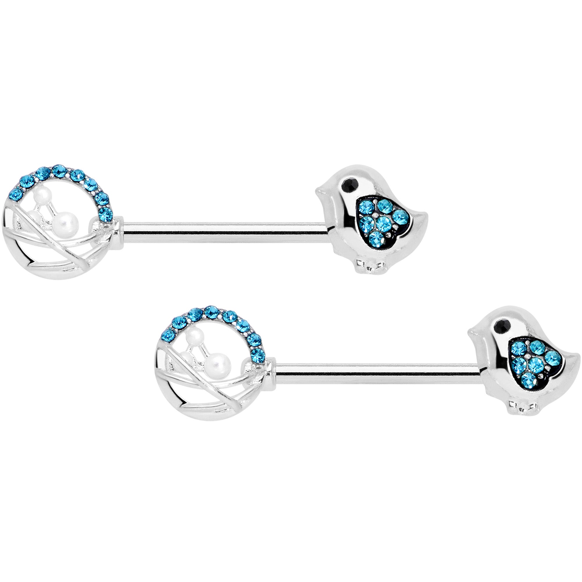 14 Gauge 9/16 Aqua Gem Basket Chick Barbell Nipple Ring Set