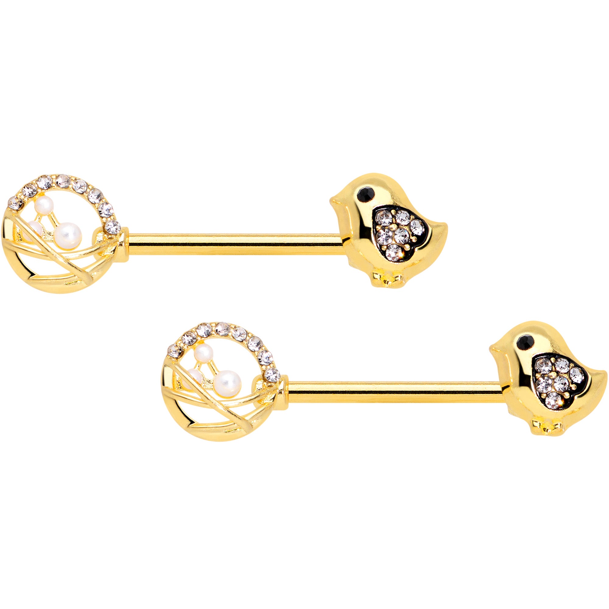 14 Gauge 9/16 Clear Gem Gold Tone Basket Chick Nipple Ring Set