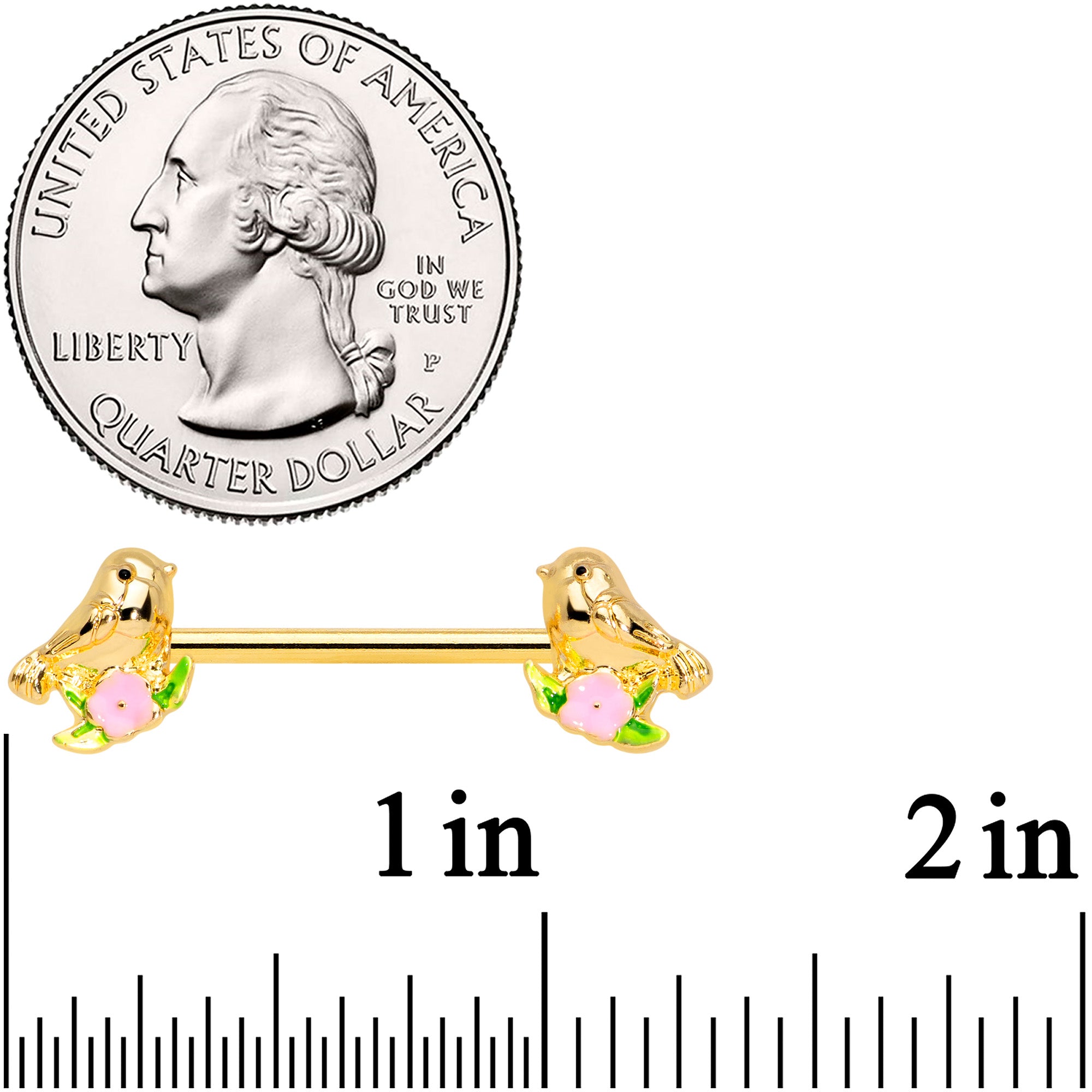 14 Gauge 9/16 Gold Tone Bird Pink Flower Barbell Nipple Ring Set