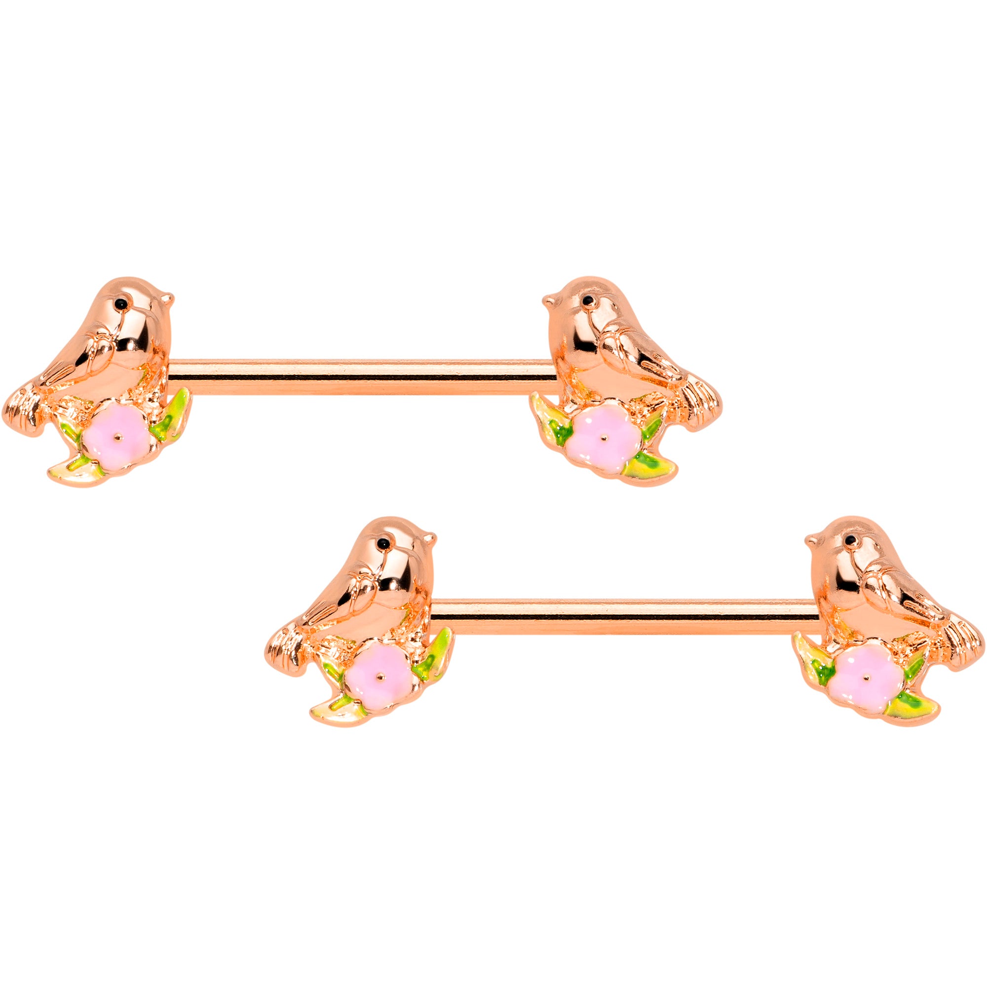 14 Gauge 9/16 Rose Gold Tone Bird Pink Flower Barbell Nipple Ring Set