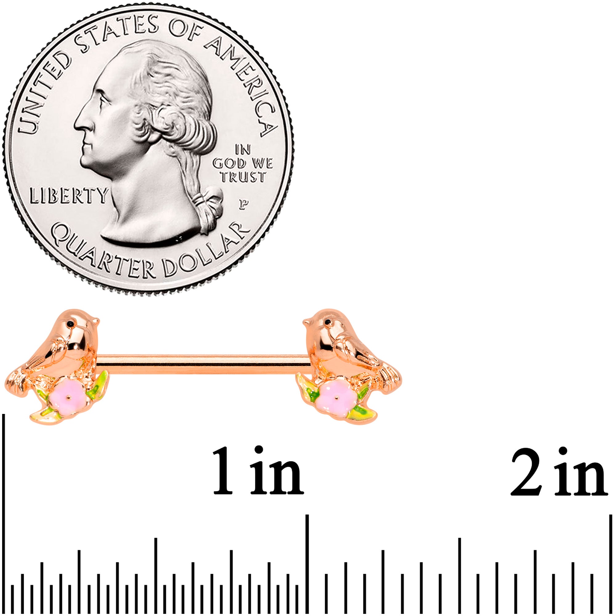 14 Gauge 9/16 Rose Gold Tone Bird Pink Flower Barbell Nipple Ring Set