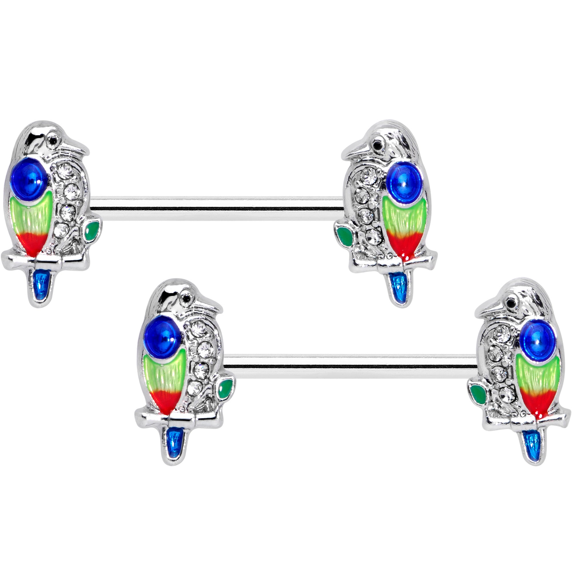 14 Gauge 9/16 Clear Gem Tropical Parrot Bird Barbell Nipple Ring Set