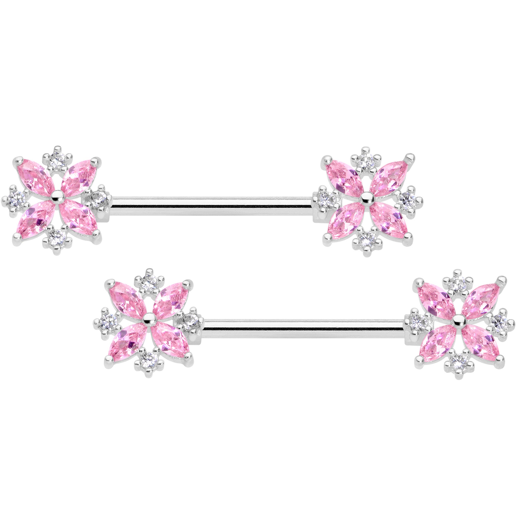 14 Gauge 5/8 Pink CZ Gem Star Burst Barbell Nipple Ring Set