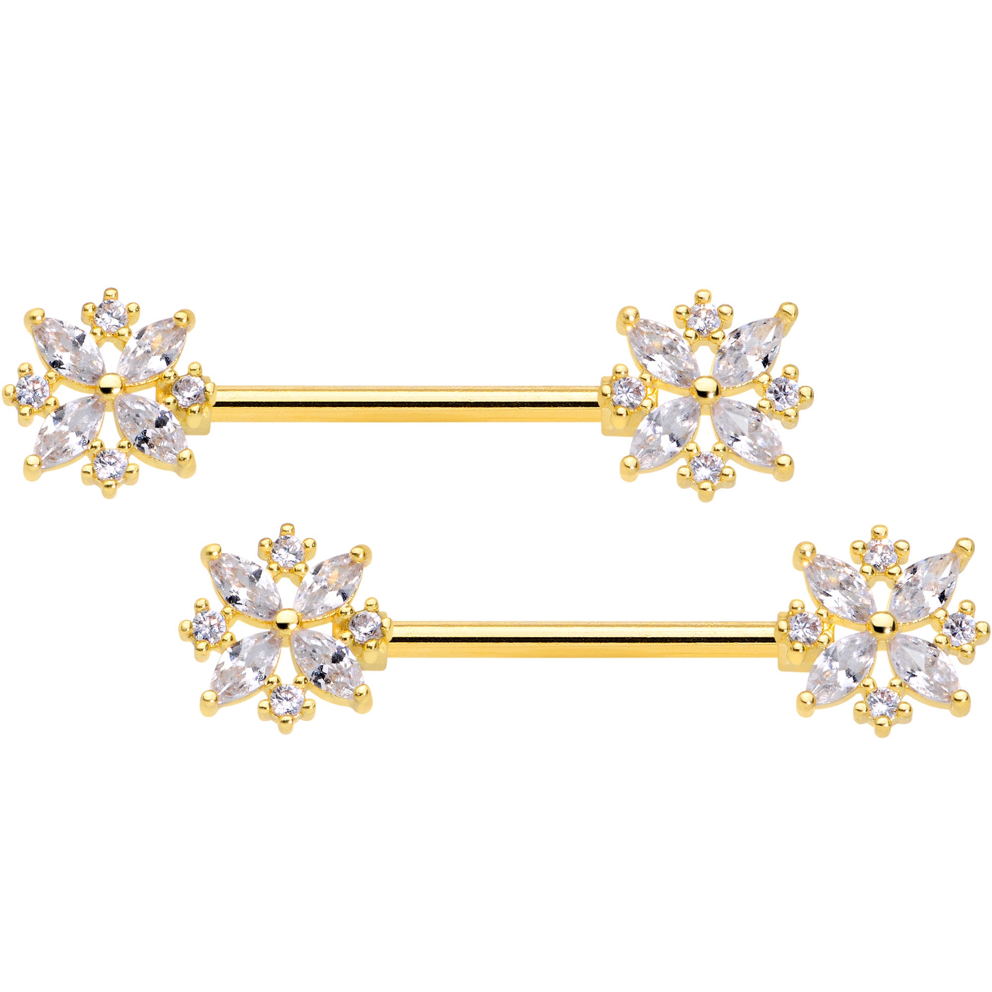 14 Gauge 5/8 Clear CZ Gem Gold Tone Star Burst Nipple Ring Set