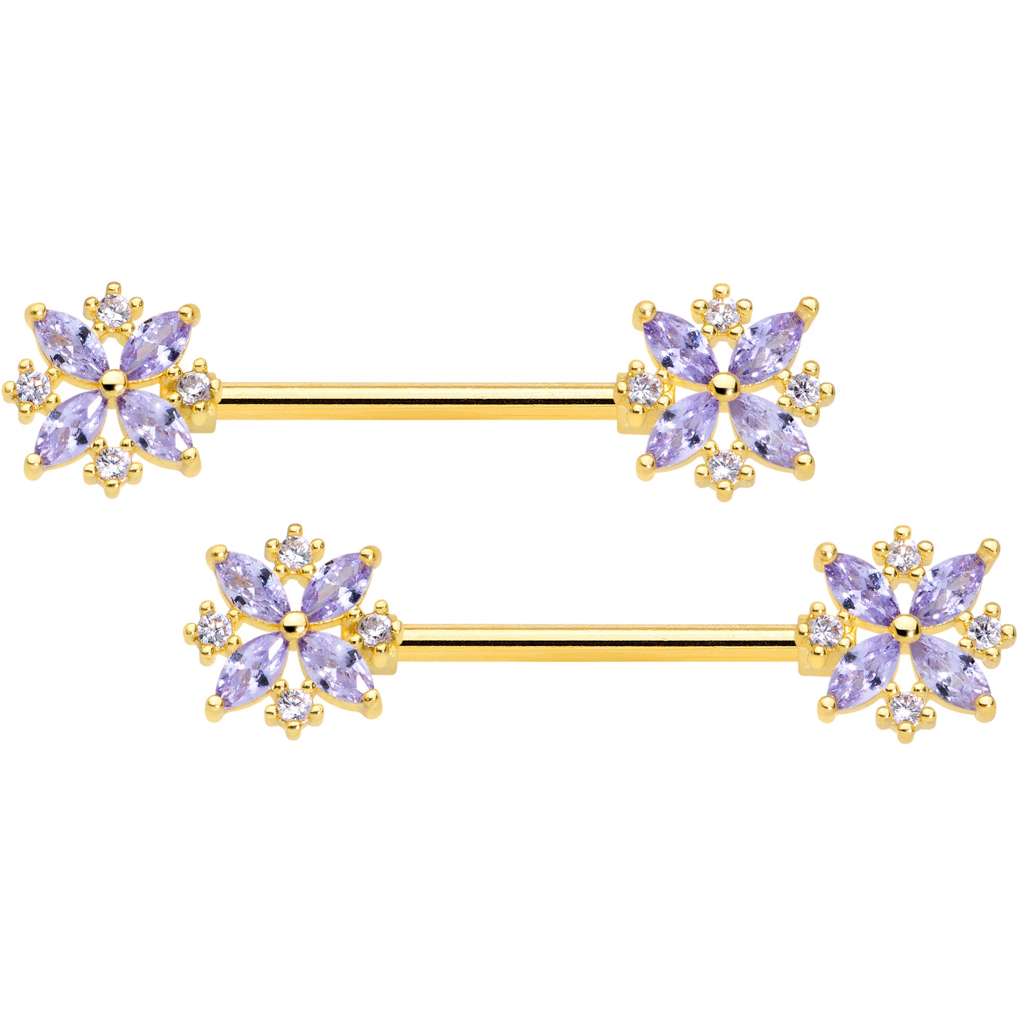 14 Gauge 5/8 Purple CZ Gem Gold Tone Star Burst Nipple Ring Set