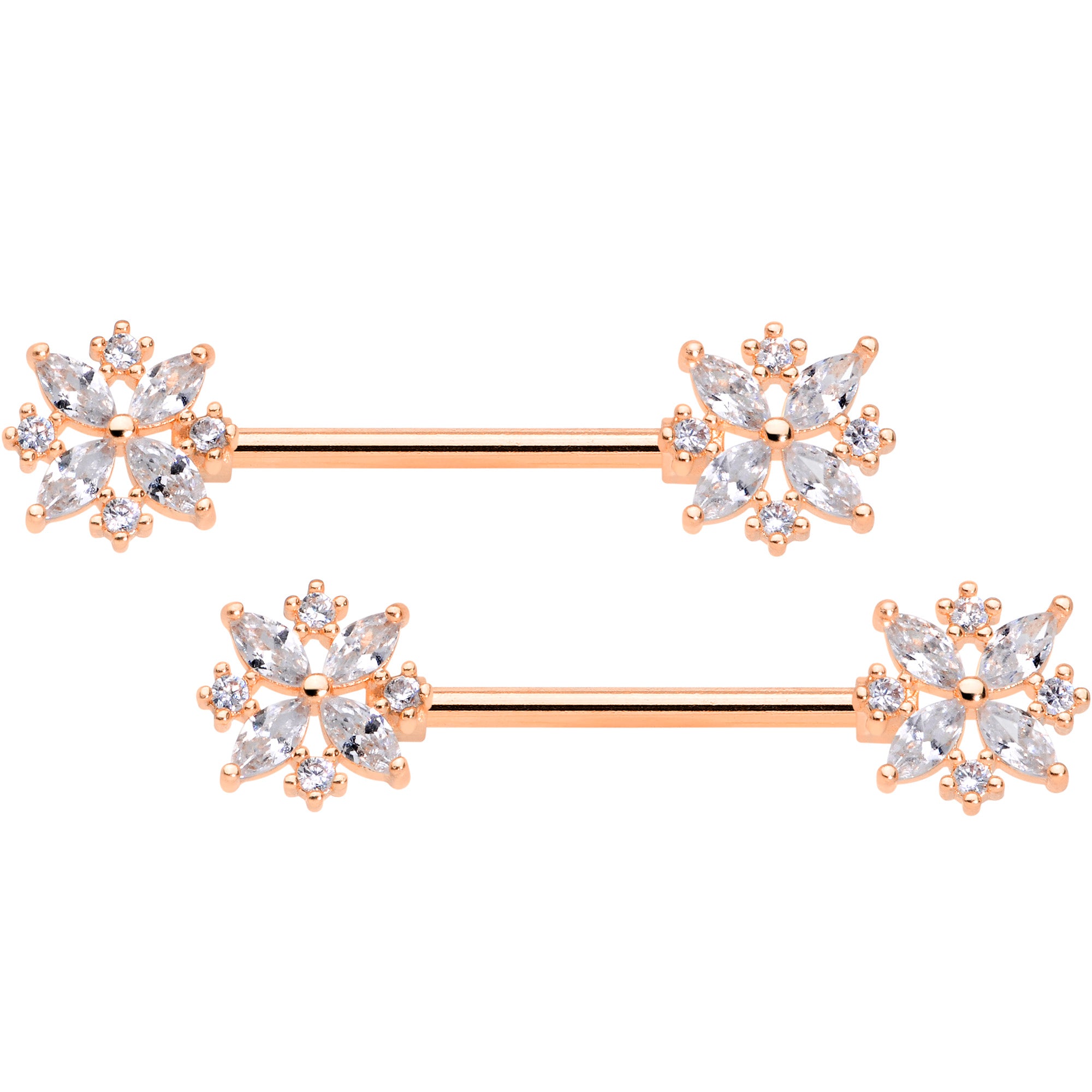 14 Gauge 5/8 Clear CZ Gem Rose Gold Tone Star Burst Nipple Ring Set