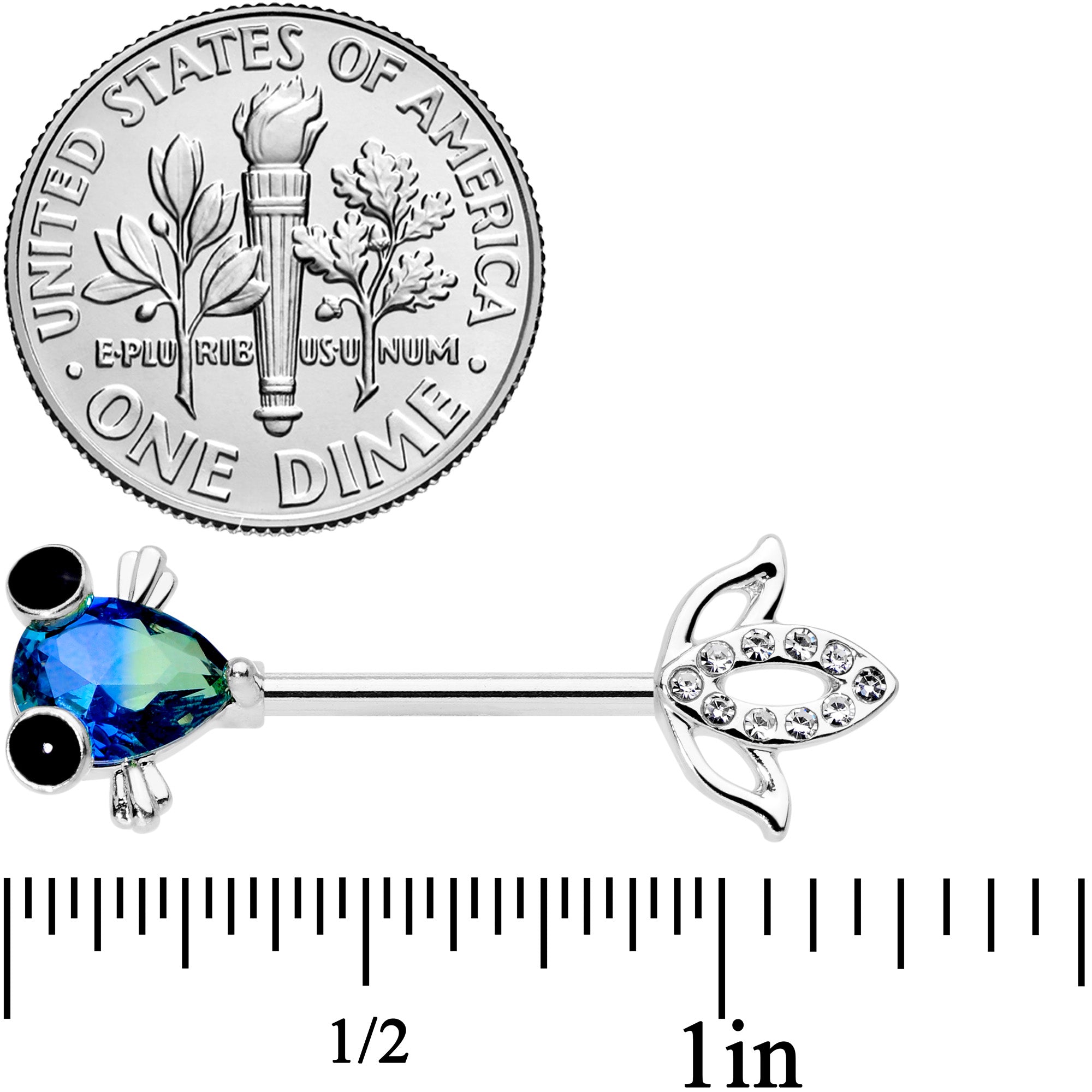 14 Gauge 9/16 Clear Aqua Gem Fish Barbell Nipple Ring Set