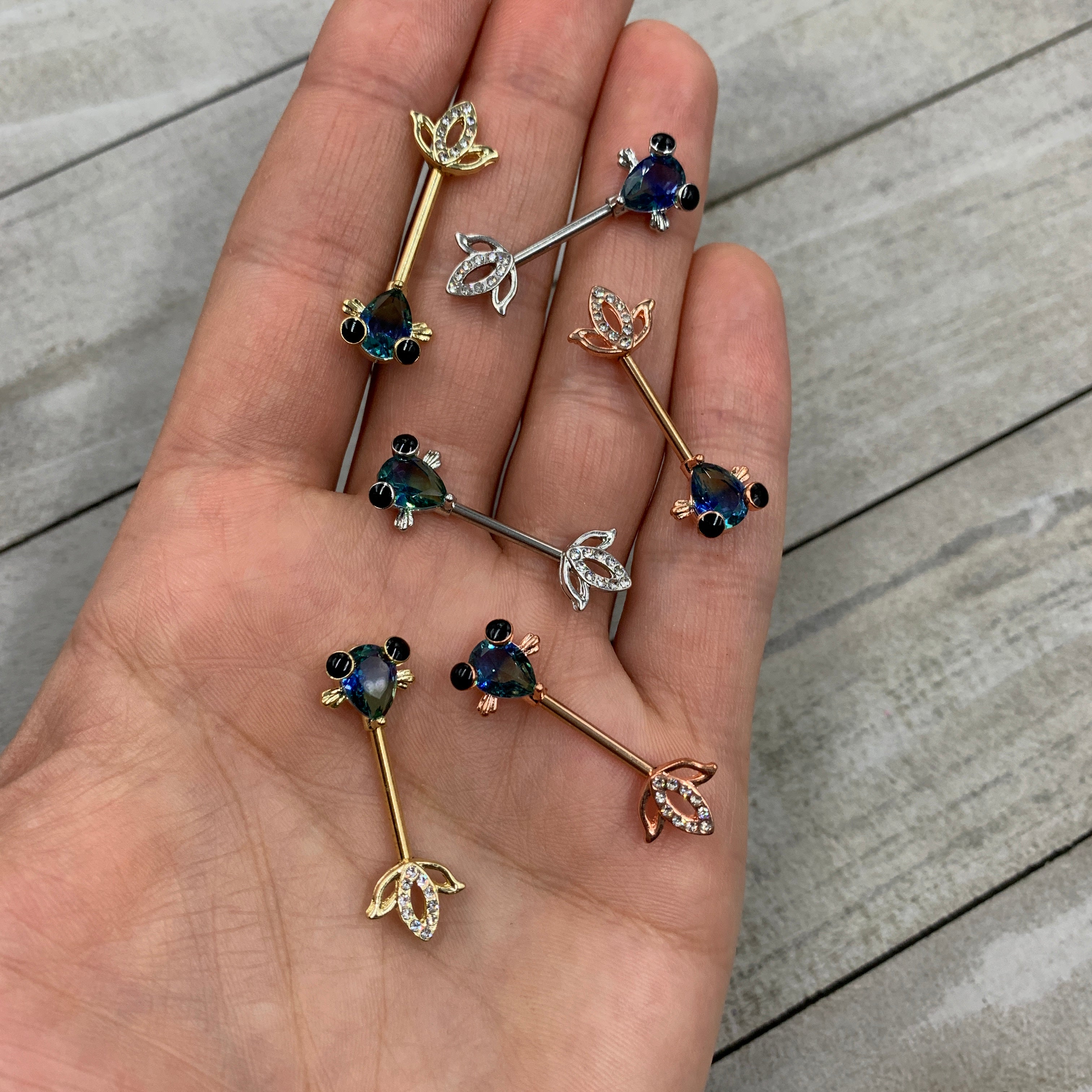 14 Gauge 9/16 Aqua Gem Rose Gold Tone Fish Barbell Nipple Ring Set