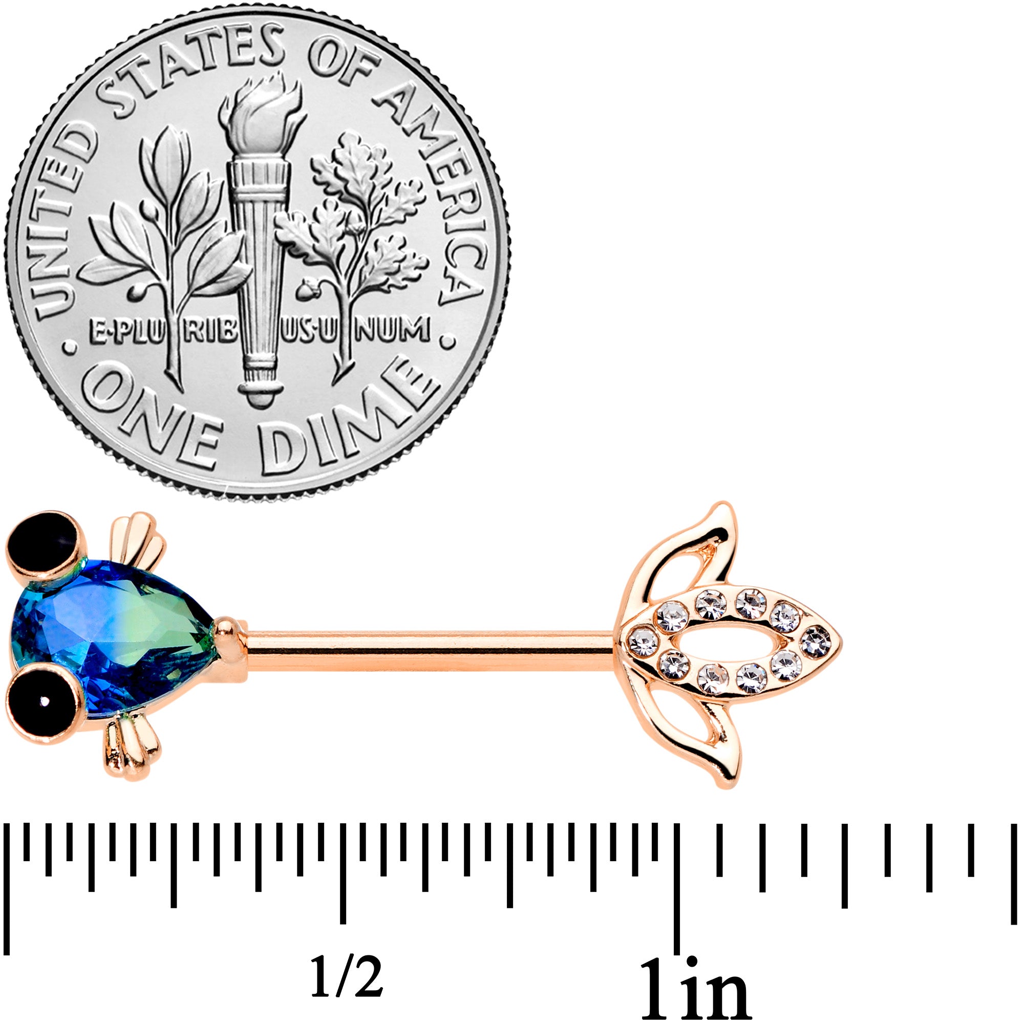 14 Gauge 9/16 Aqua Gem Rose Gold Tone Fish Barbell Nipple Ring Set