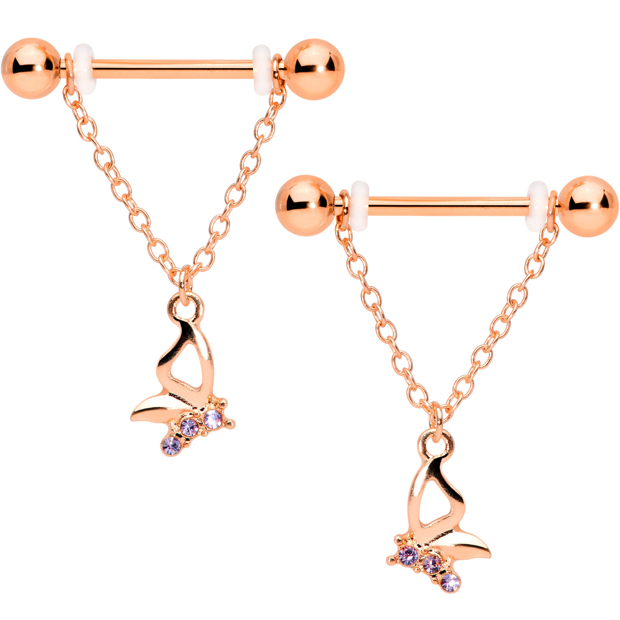 14 Gauge 5/8 Purple Gem Rose Gold Hue Butterfly Dangle Nipple Ring Set